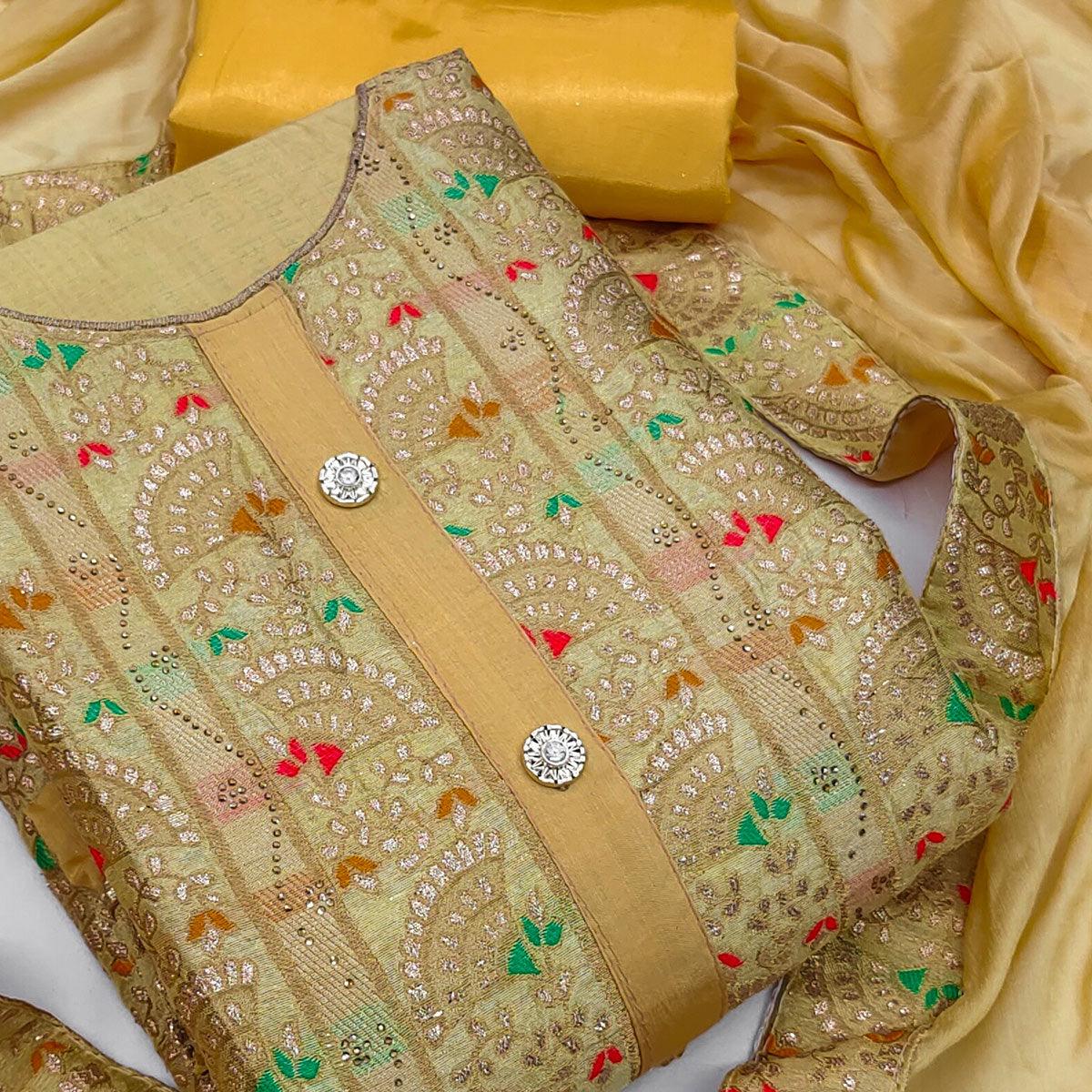 Yellow Festive Wear Embroidered Tapetta Dress Material - Peachmode
