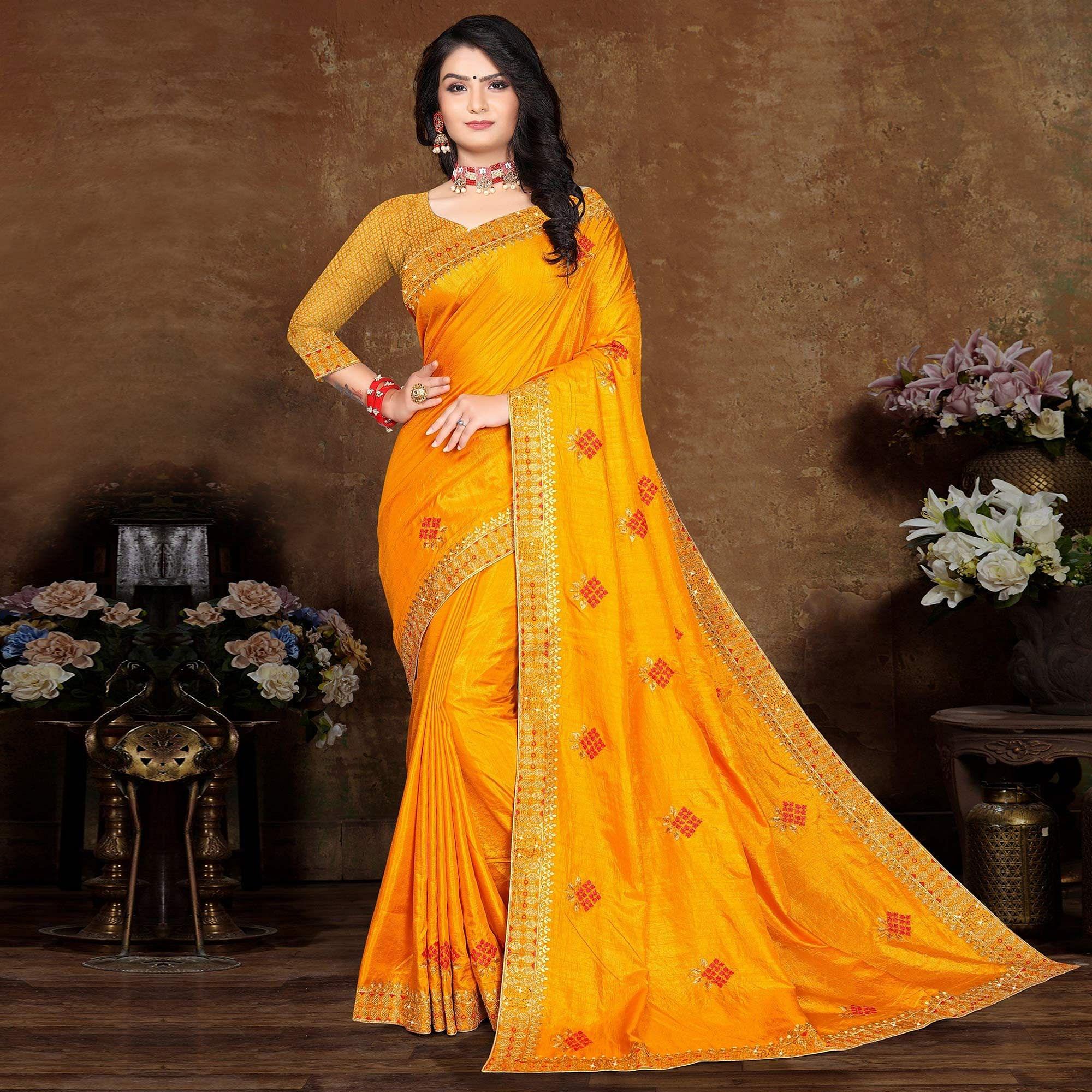 Yellow Festive Wear Embroidered Vichitra Silk Saree - Peachmode