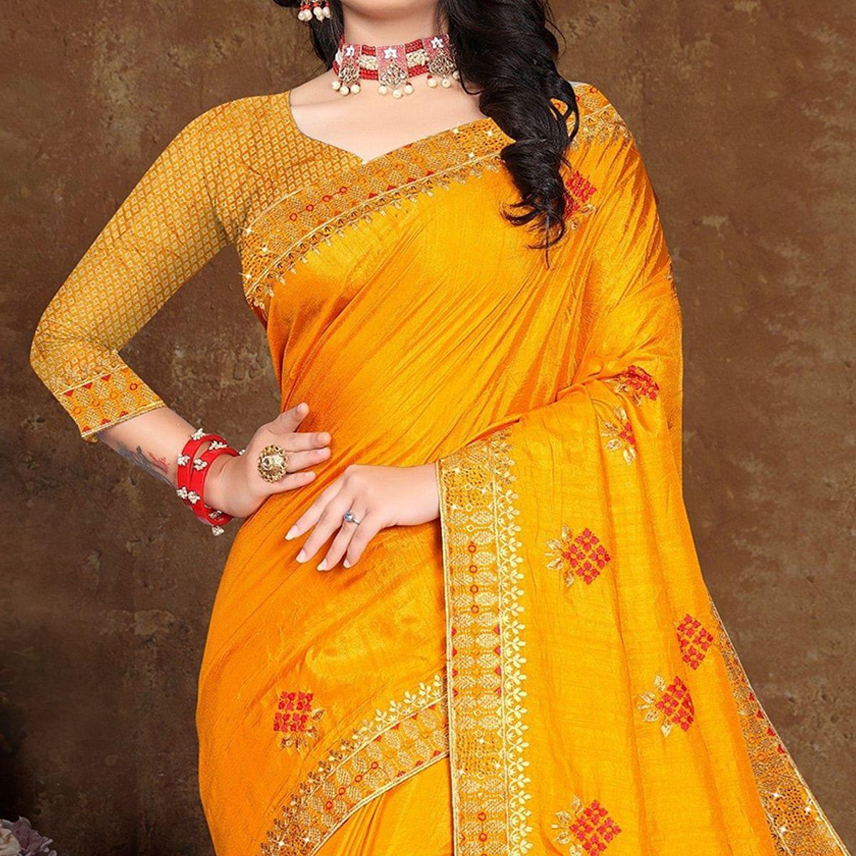Yellow Festive Wear Embroidered Vichitra Silk Saree - Peachmode