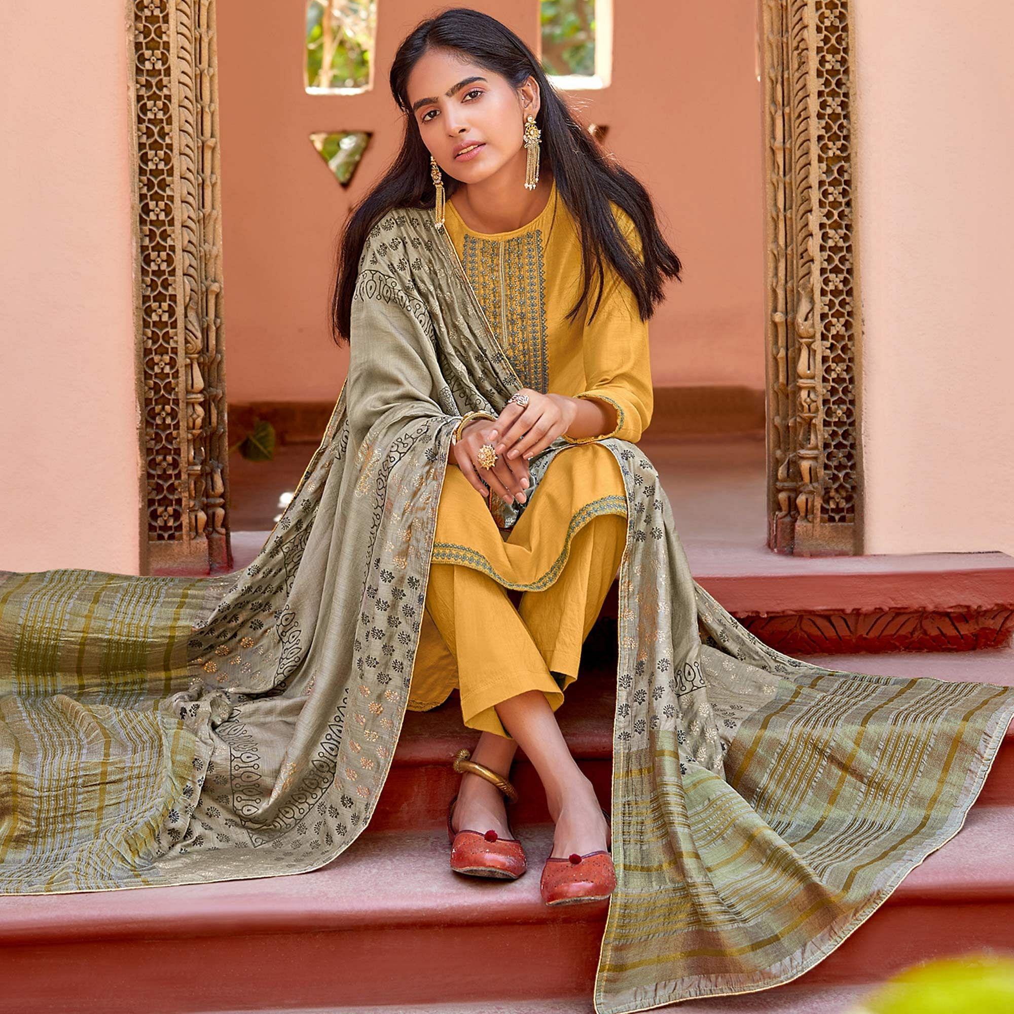 Yellow Festive Wear Embroidered Viscose Cotton Silk Salwar Suit - Peachmode