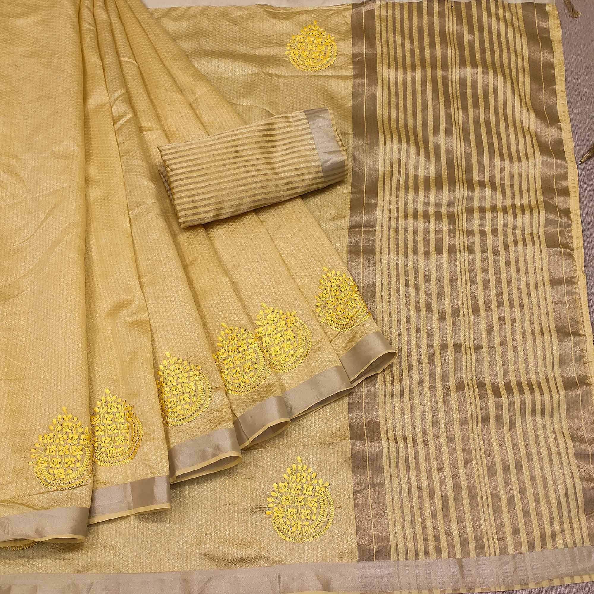 Yellow Festive Wear Embroidered With Embellished Cotton Saree - Peachmode