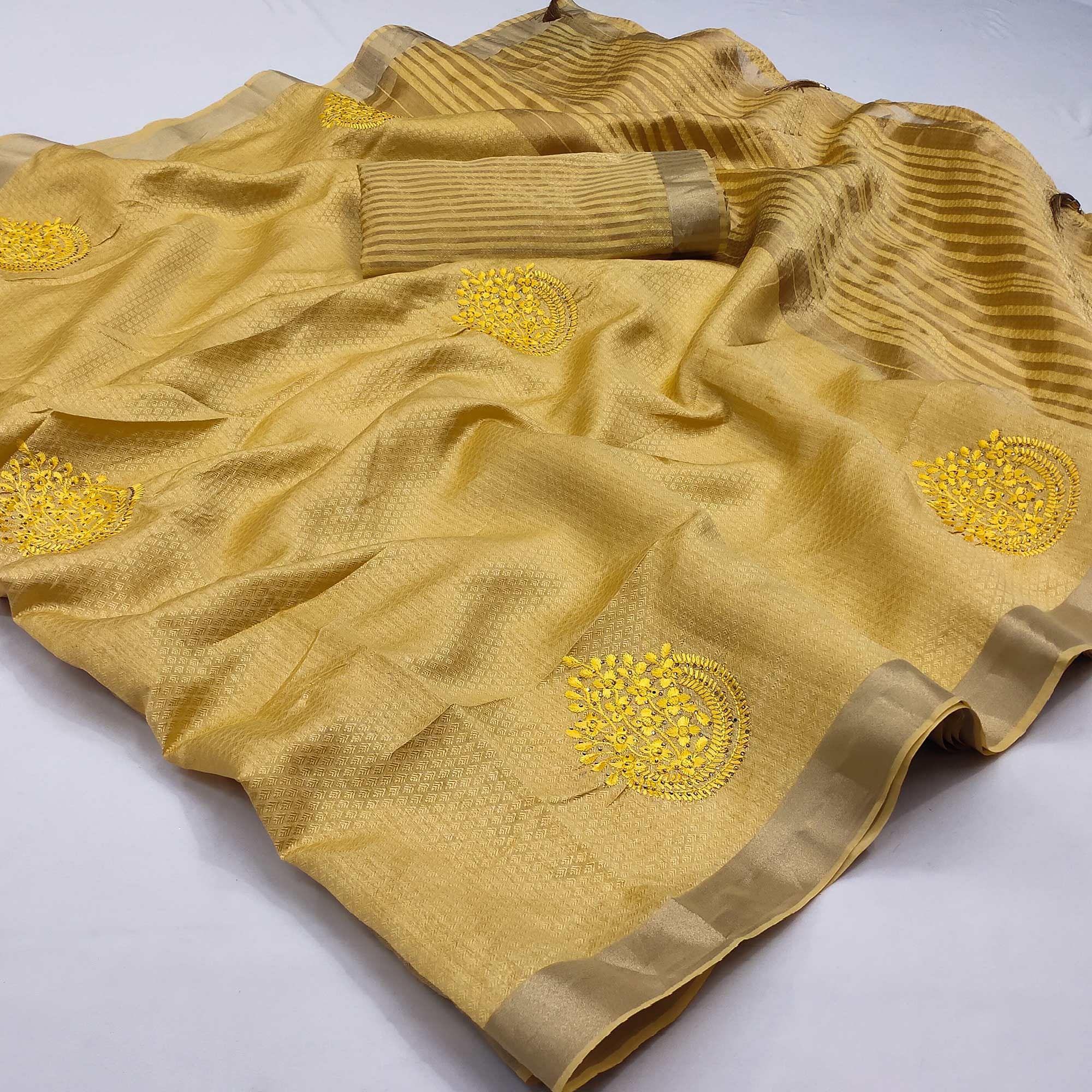 Yellow Festive Wear Embroidered With Embellished Cotton Saree - Peachmode