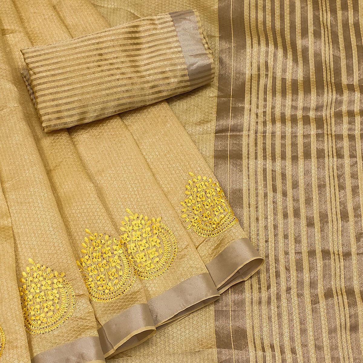 Yellow Festive Wear Embroidered With Embellished Cotton Saree - Peachmode