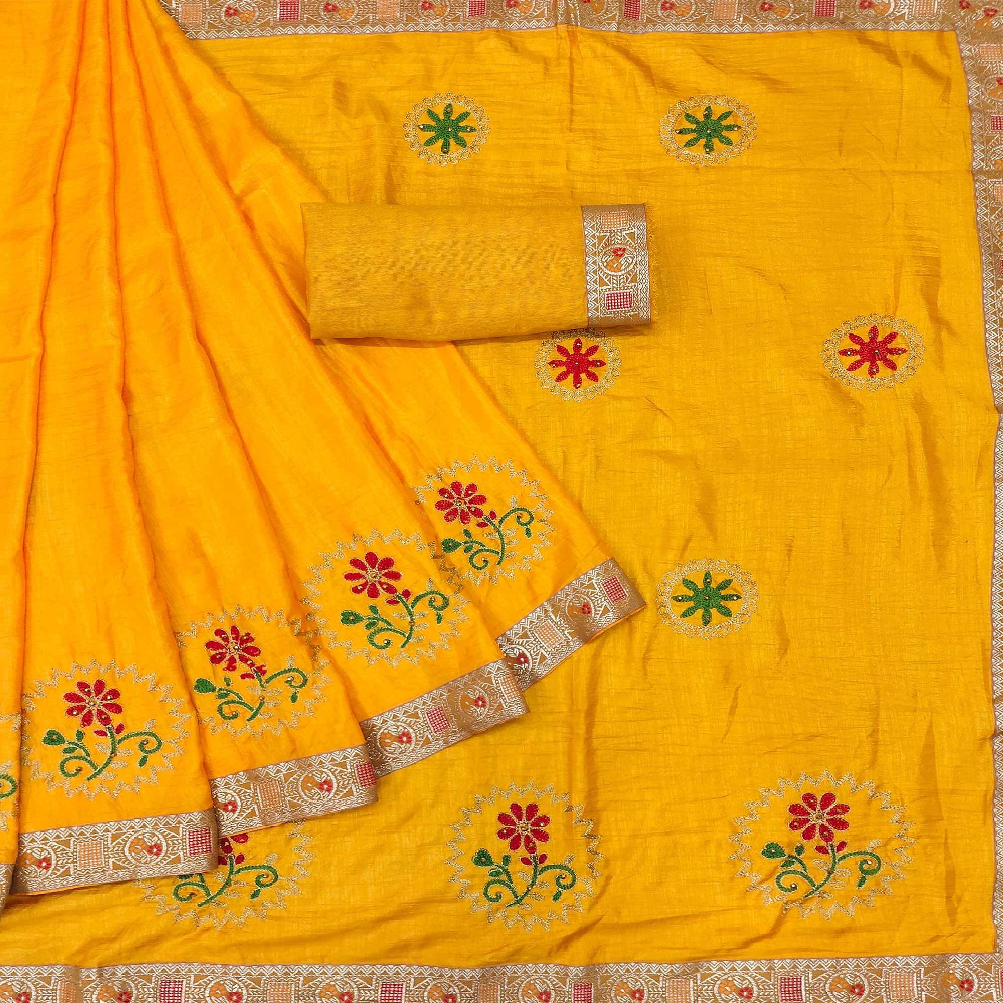 Yellow Festive Wear Embroidered With Embellished Vichitra Silk Saree - Peachmode
