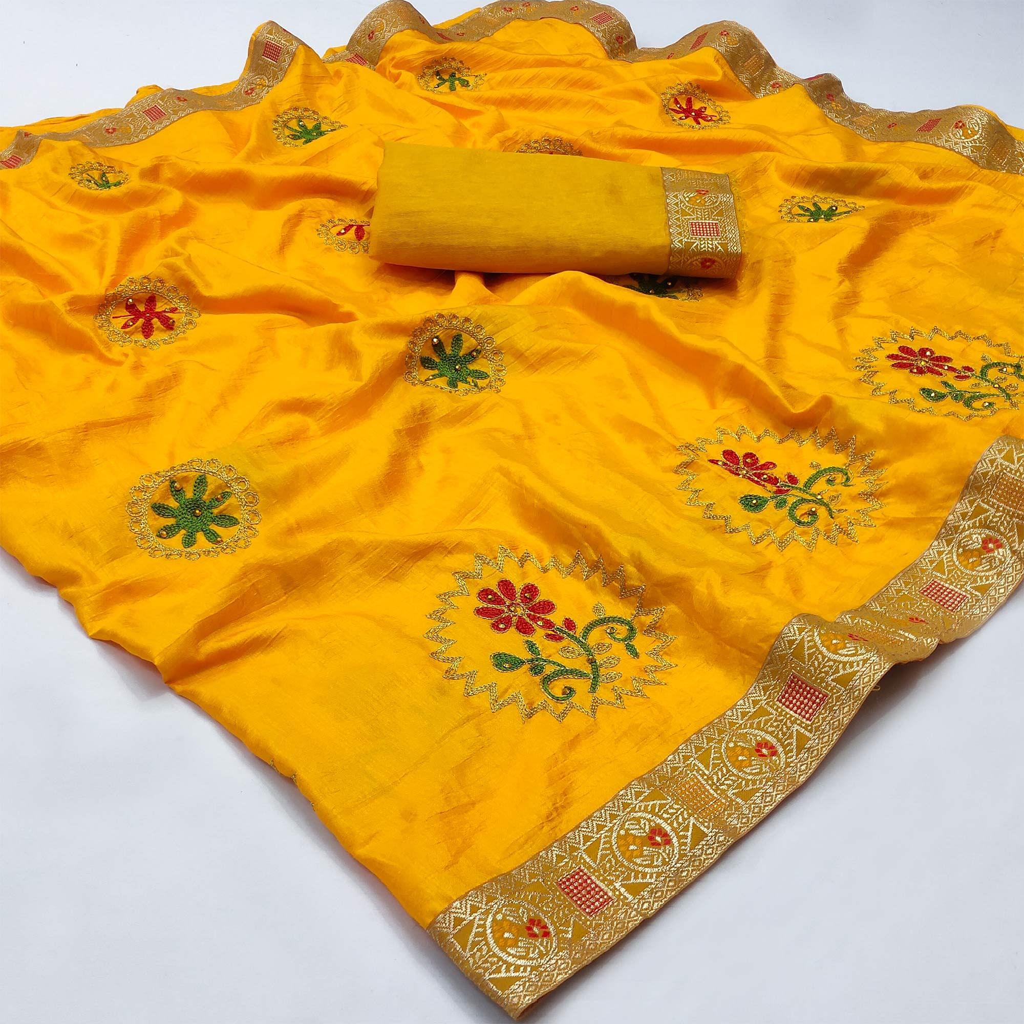 Yellow Festive Wear Embroidered With Embellished Vichitra Silk Saree - Peachmode