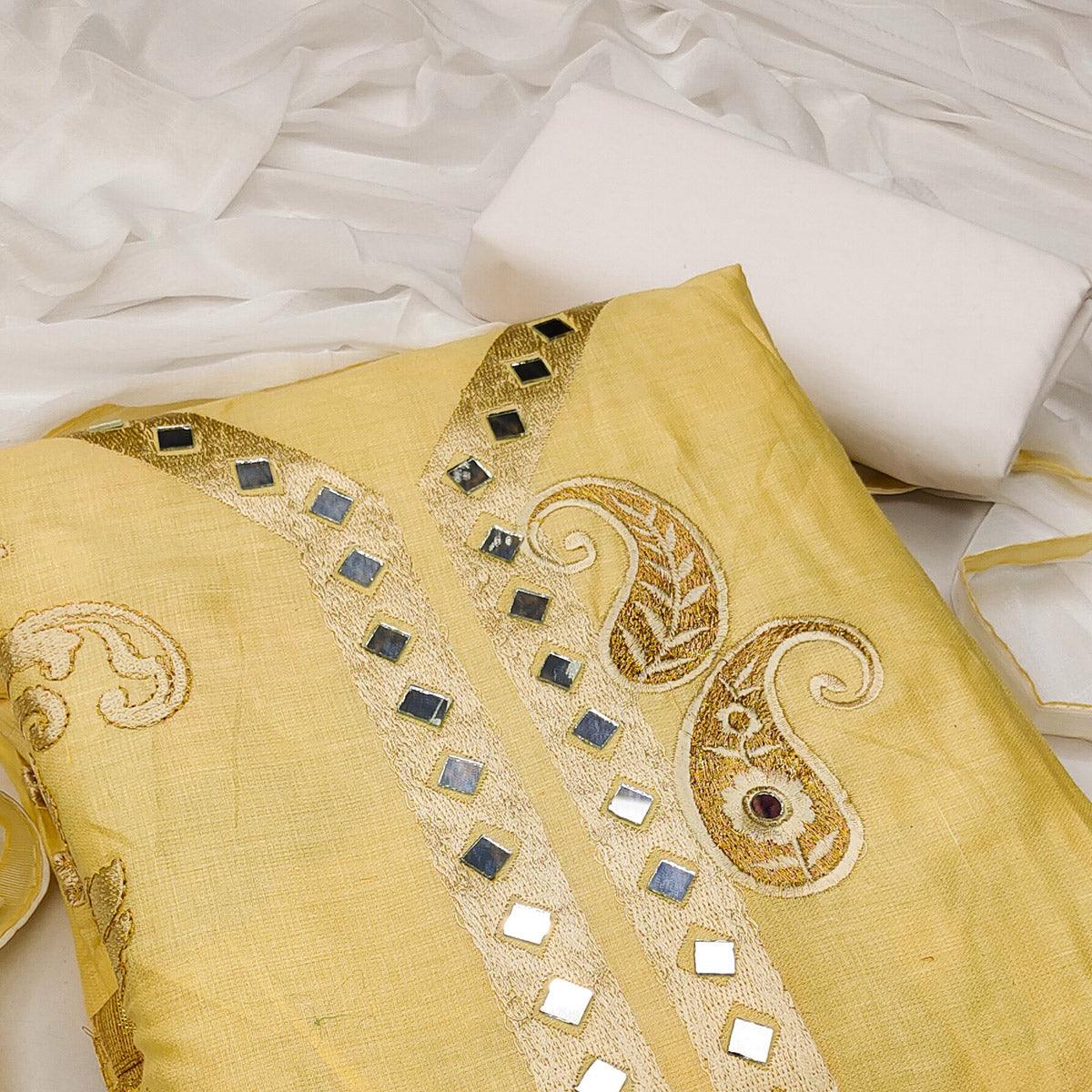 Yellow Festive Wear Embroidered With Mirror Cotton Dress Material - Peachmode