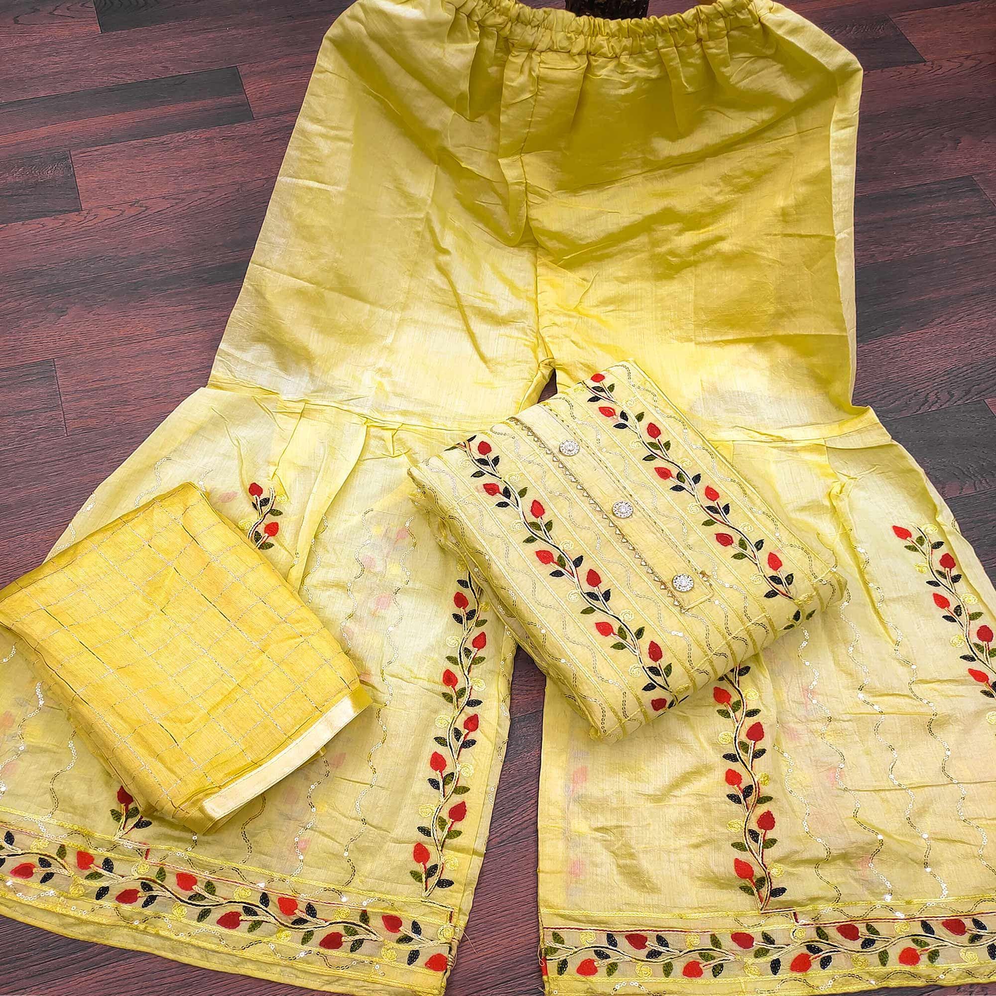 Yellow Festive Wear Embroidery With Embellished Cotton Dress Material - Peachmode