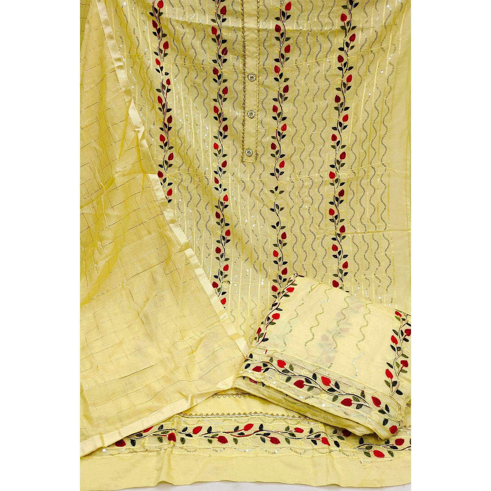 Yellow Festive Wear Embroidery With Embellished Cotton Dress Material - Peachmode