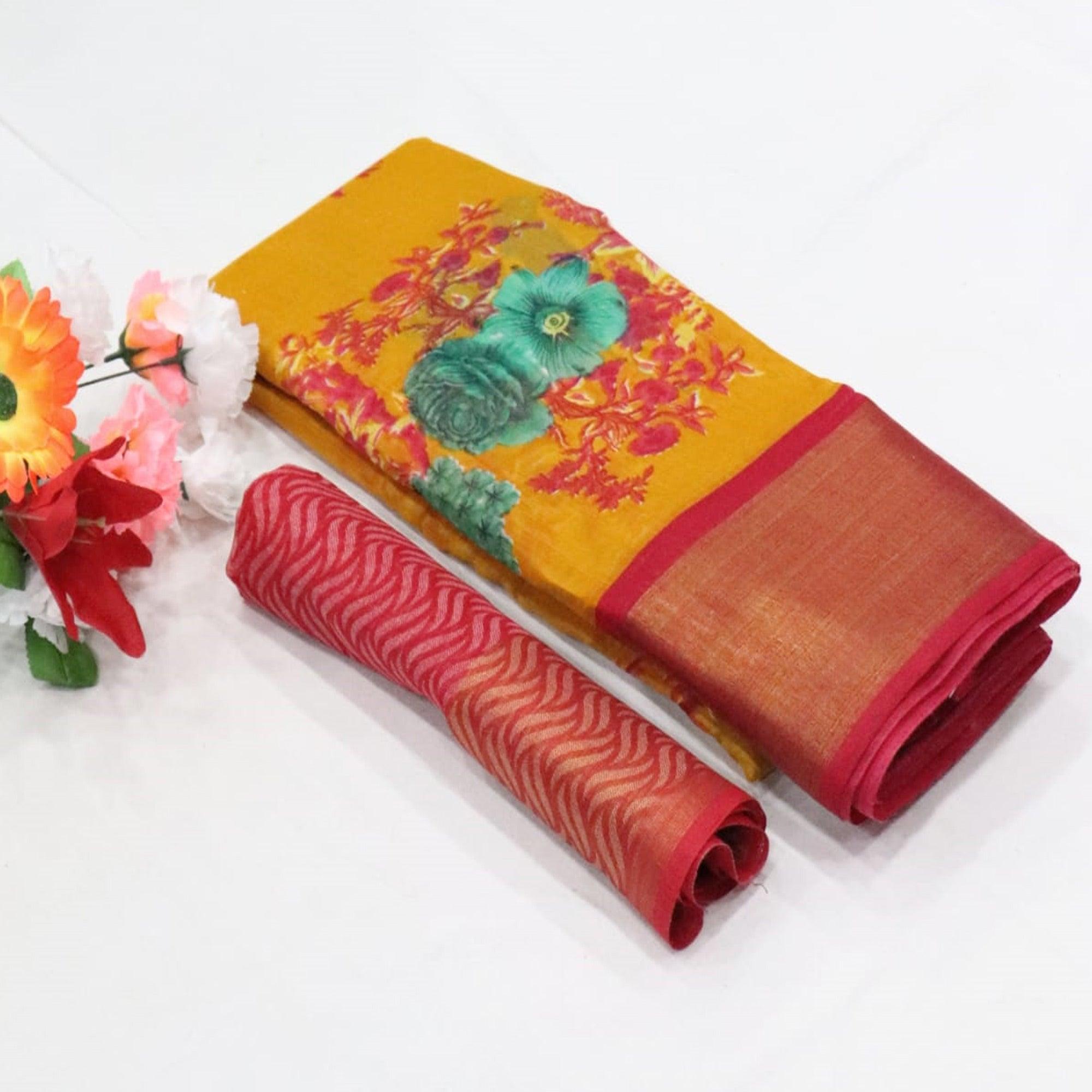 Yellow Festive Wear Floral Digital Print With Sonakshi Zari Border Cotton Saree - Peachmode