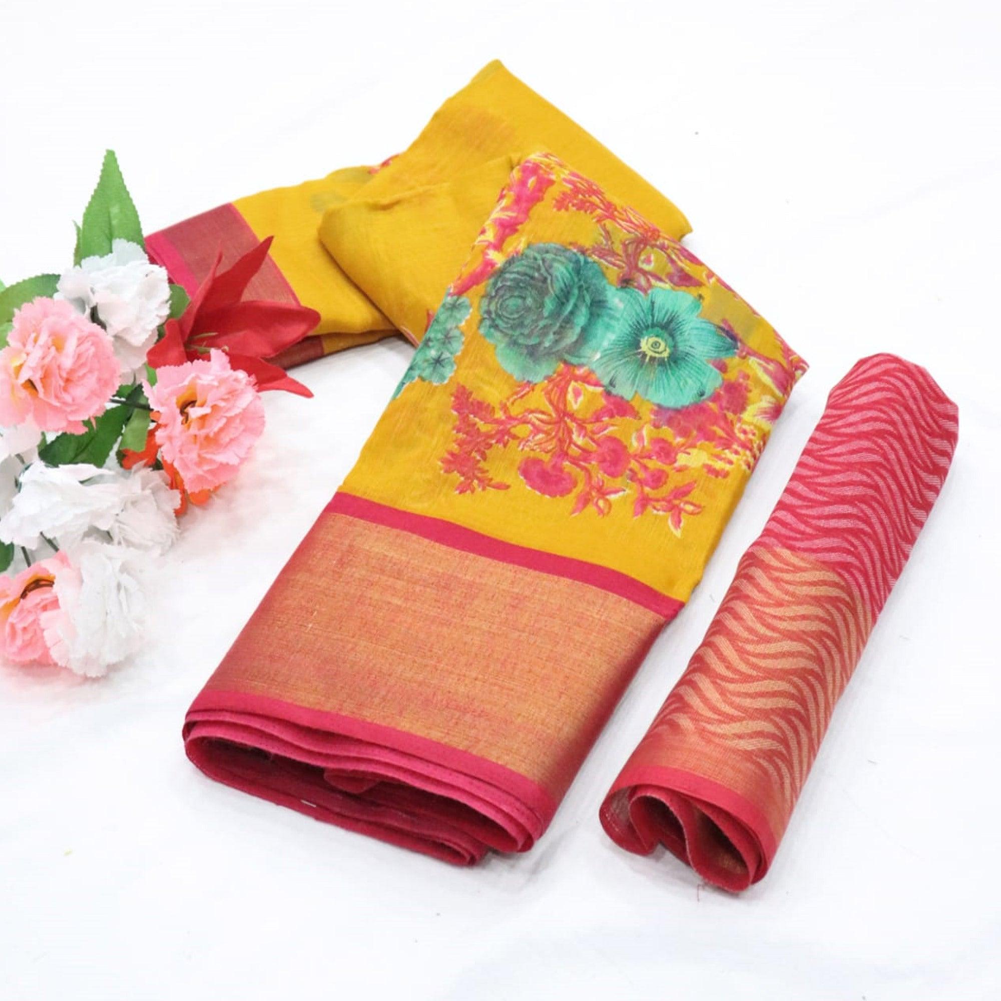 Yellow Festive Wear Floral Digital Print With Sonakshi Zari Border Cotton Saree - Peachmode