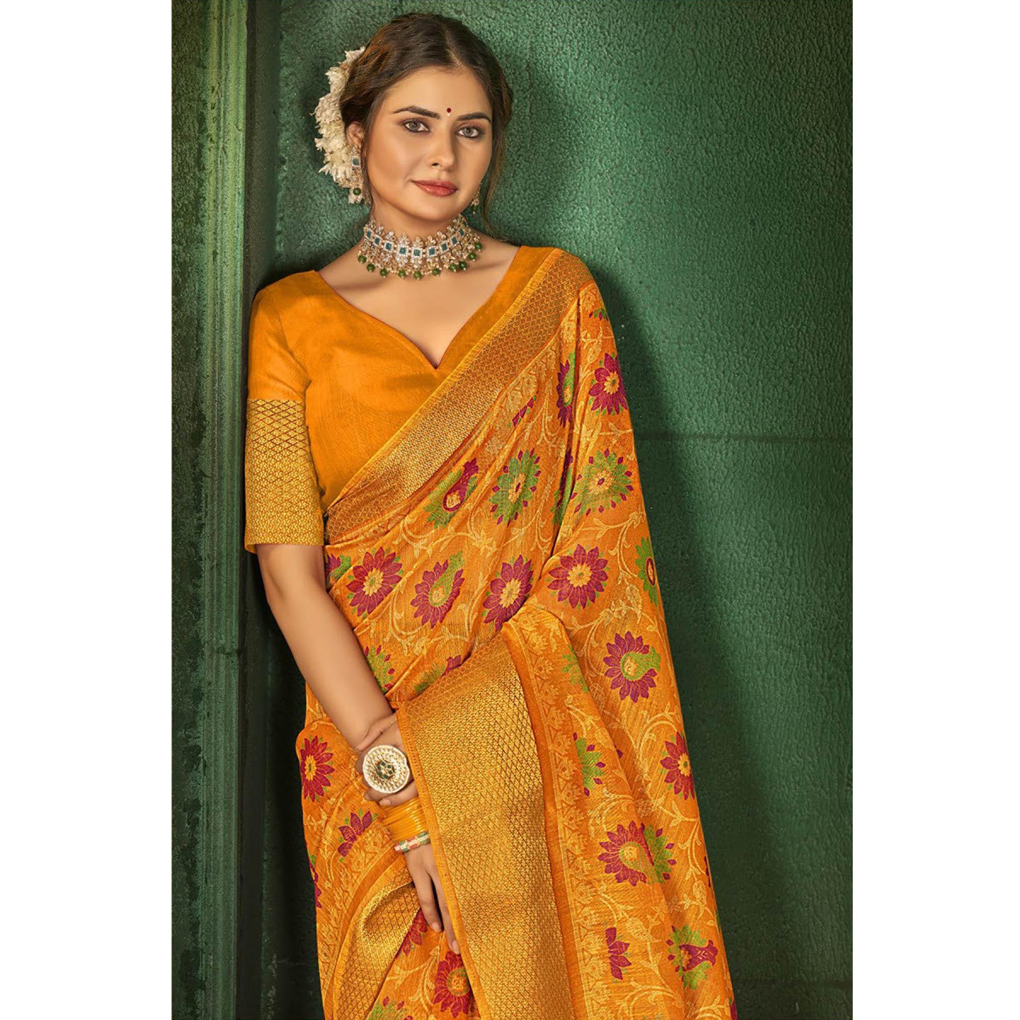 Yellow Festive Wear Floral Digital Printed Cotton Saree - Peachmode