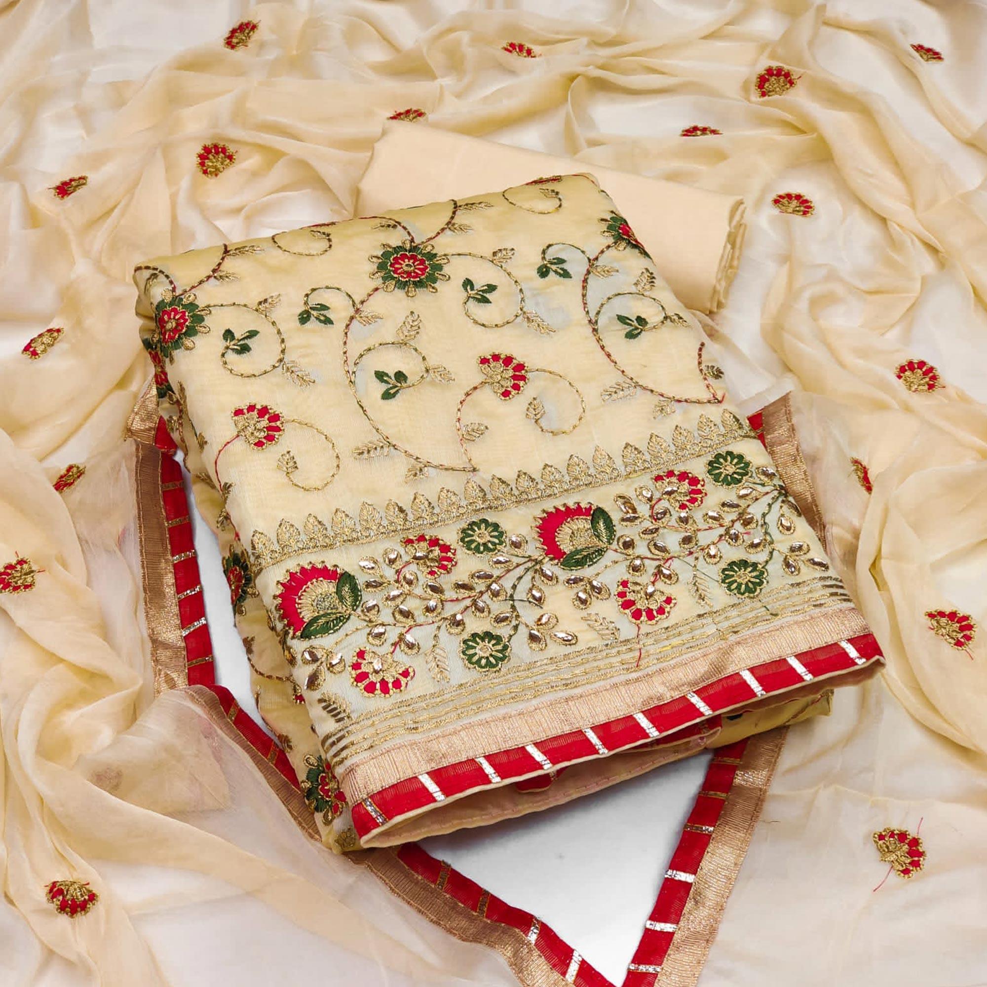 Yellow Festive Wear Floral Embroidered Chanderi Dress Material - Peachmode