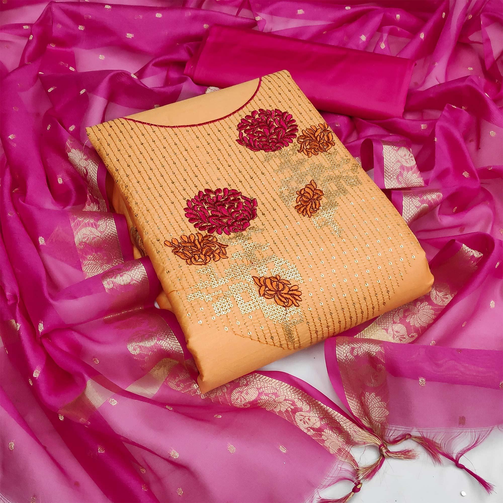 Yellow Festive Wear Floral Embroidered Cotton Dress Material - Peachmode