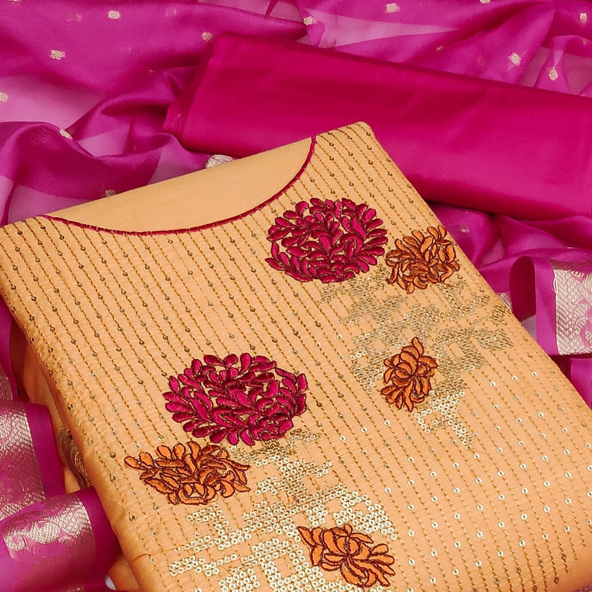 Yellow Festive Wear Floral Embroidered Cotton Dress Material - Peachmode