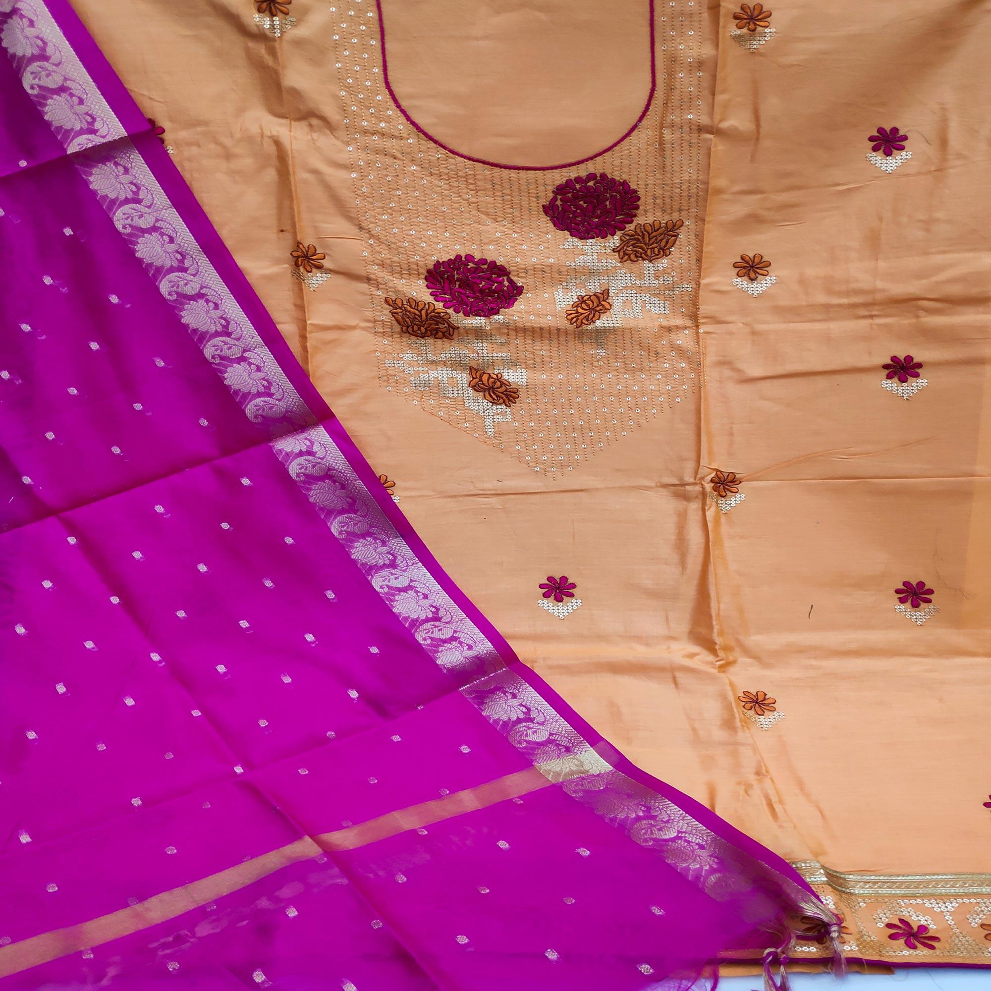 Yellow Festive Wear Floral Embroidered Cotton Dress Material - Peachmode