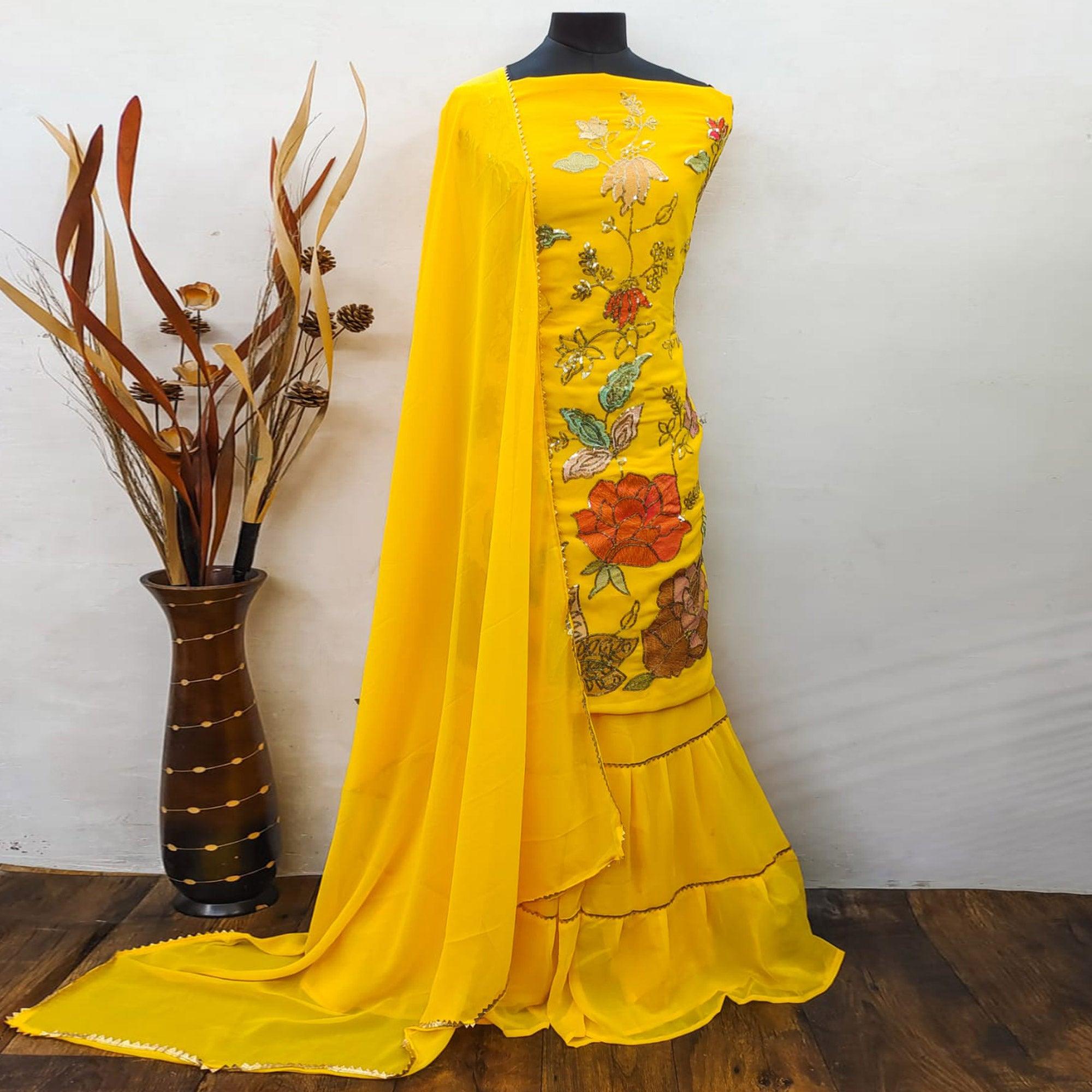 Yellow Festive Wear Floral Embroidered Georgette Sharara Suit - Peachmode