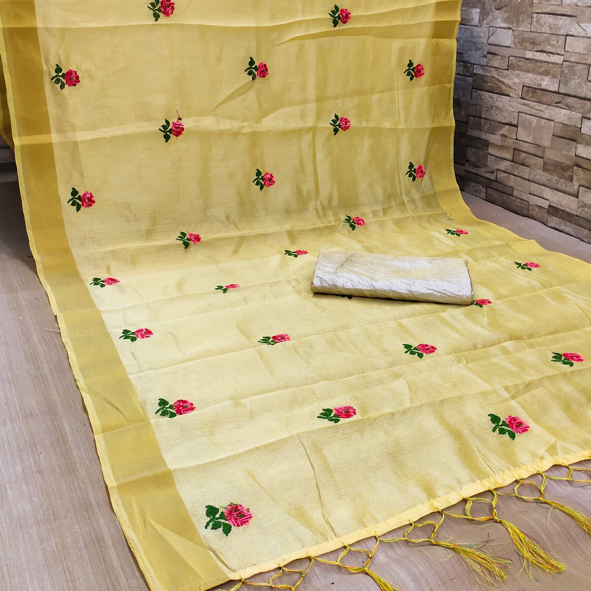Yellow Festive Wear Floral Embroidered Manipuri Silk Saree With Tassels - Peachmode