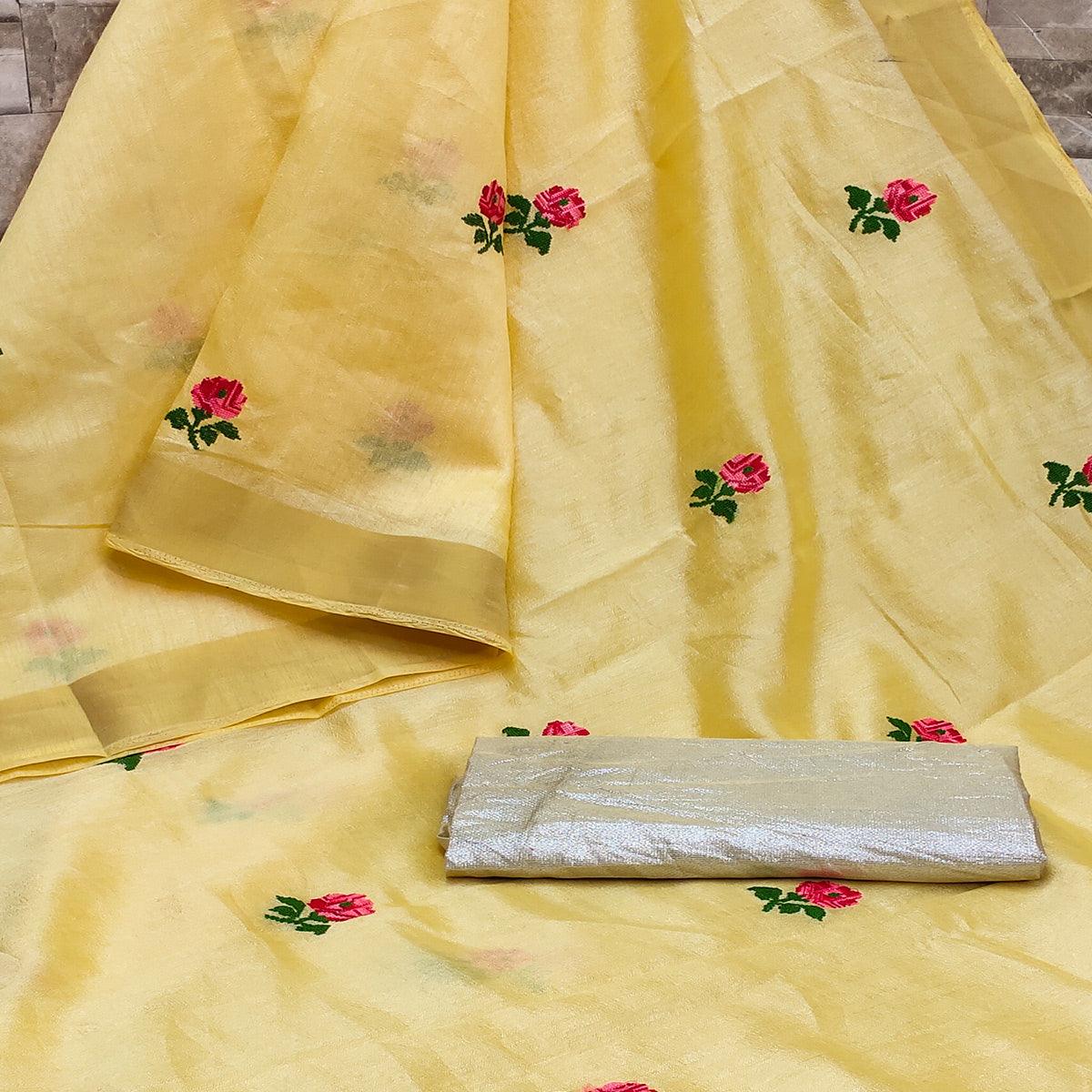Yellow Festive Wear Floral Embroidered Manipuri Silk Saree With Tassels - Peachmode