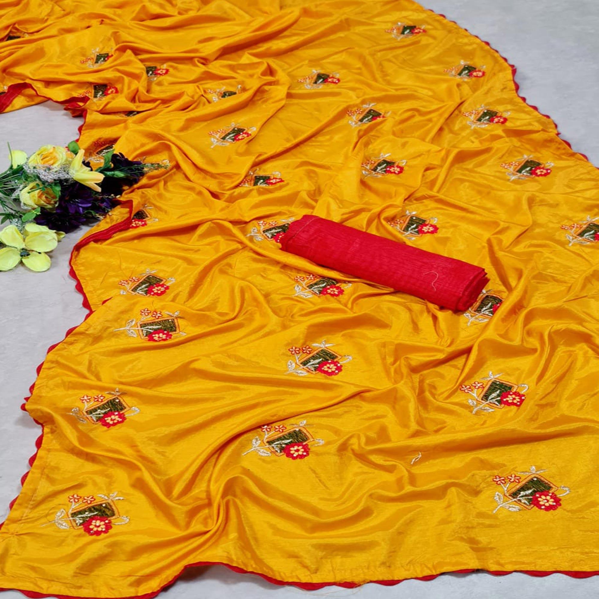 Yellow Festive Wear Floral Embroidered With Diamond Dola Silk Saree - Peachmode