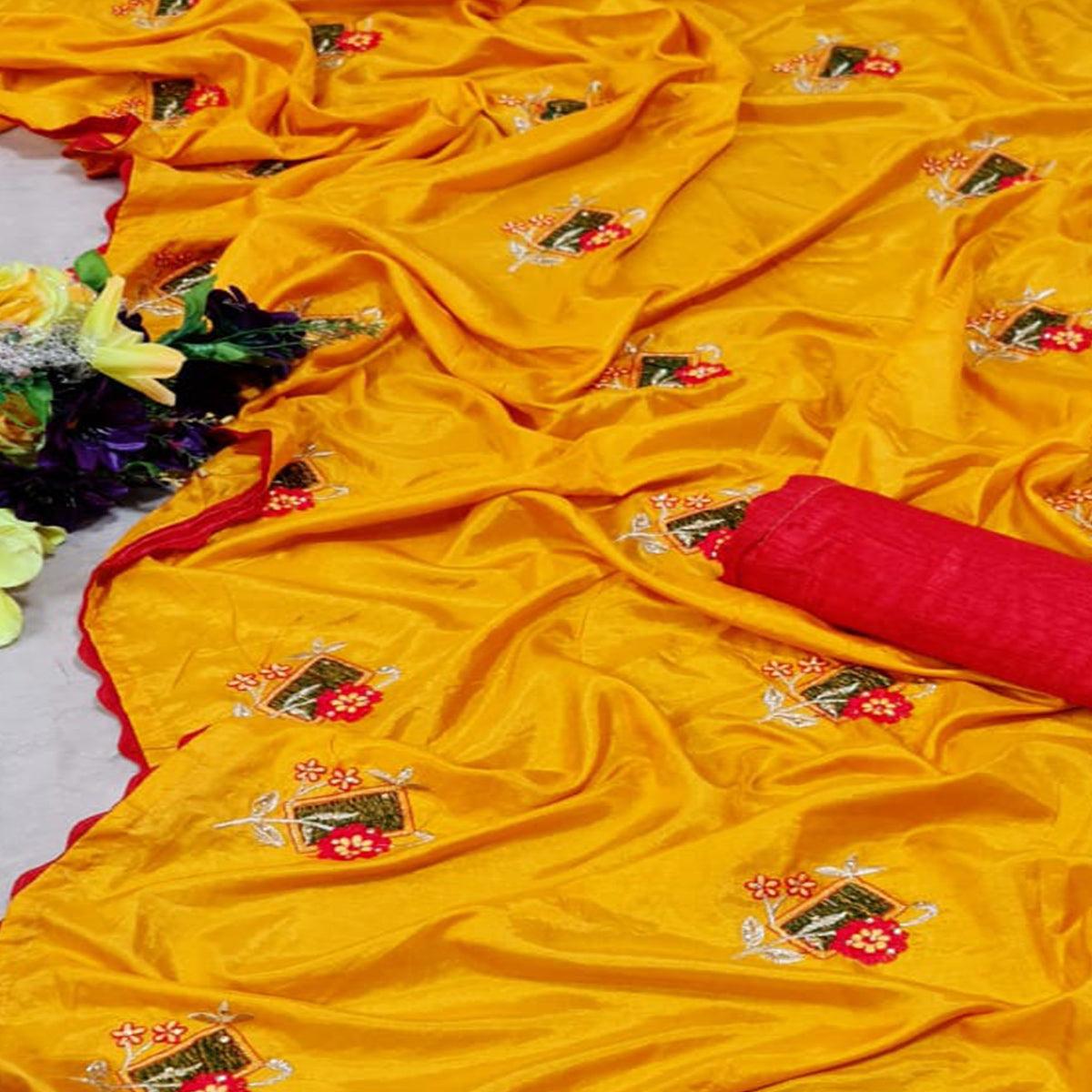 Yellow Festive Wear Floral Embroidered With Diamond Dola Silk Saree - Peachmode