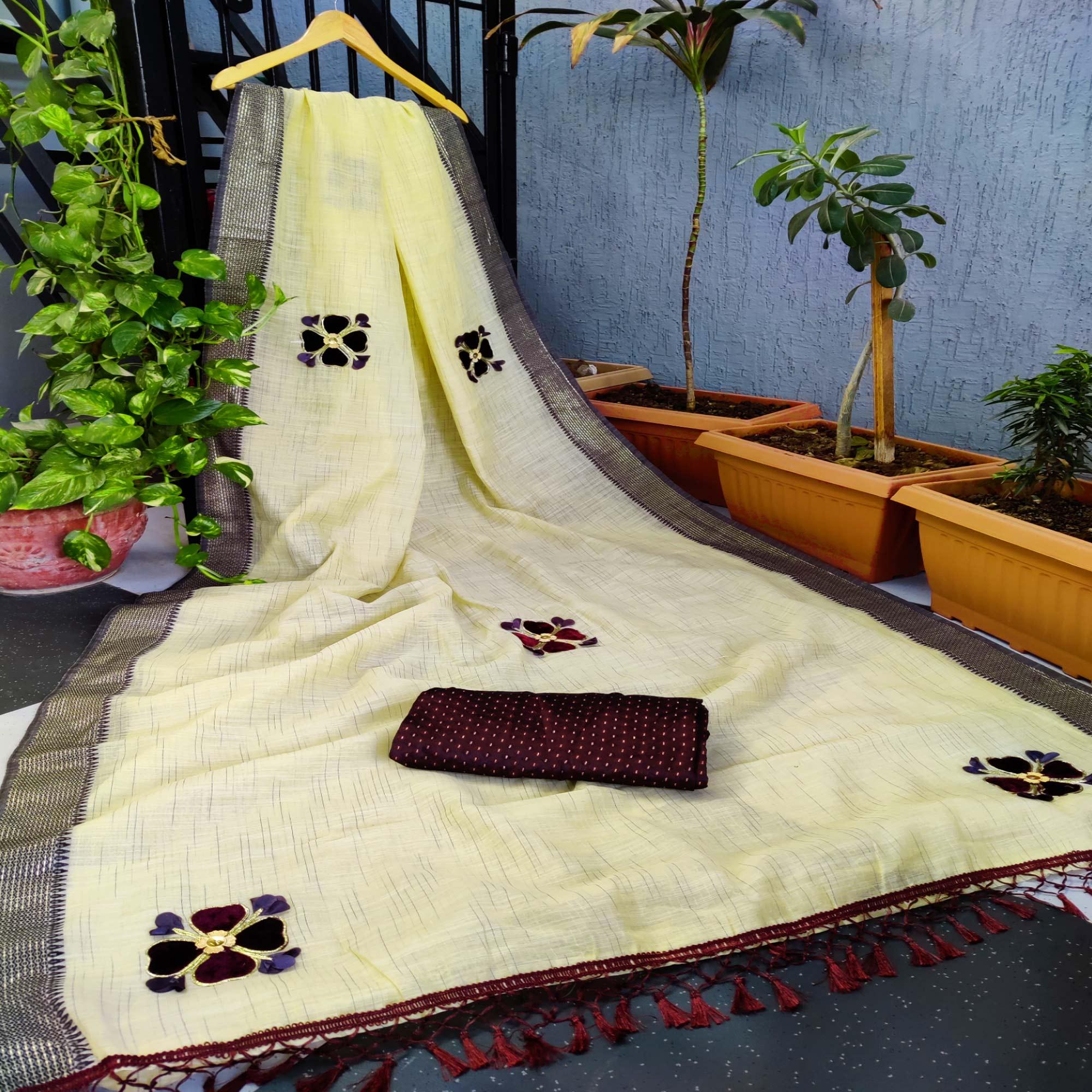 Yellow Festive Wear Floral Embroiderey Woven Border Cotton Saree - Peachmode
