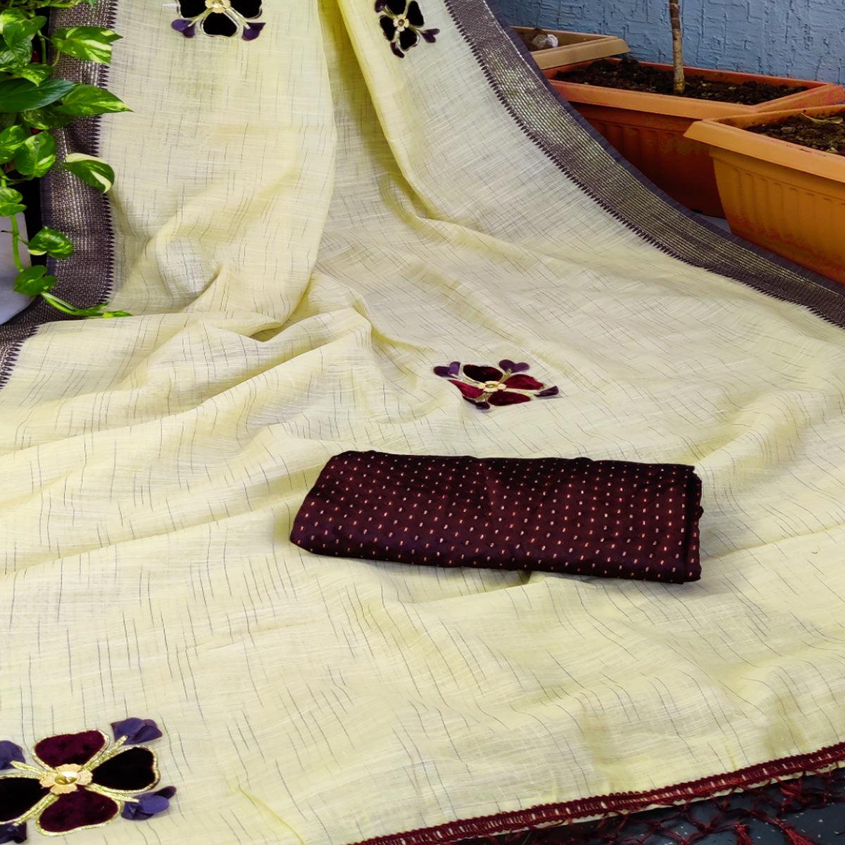 Yellow Festive Wear Floral Embroiderey Woven Border Cotton Saree - Peachmode