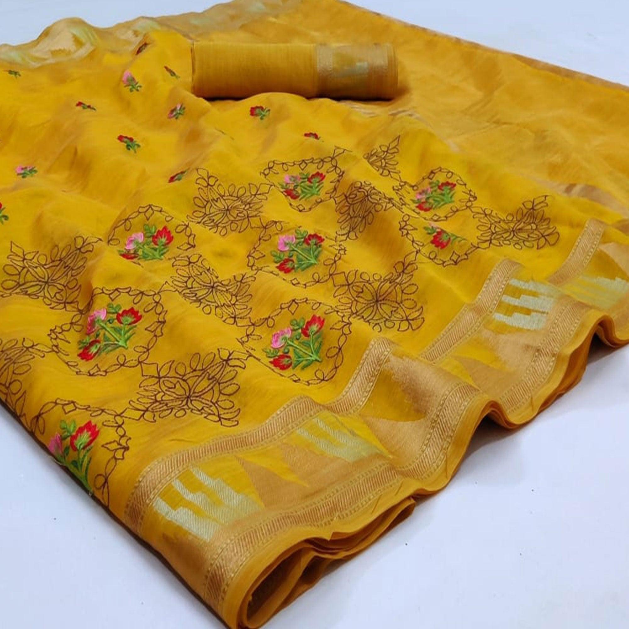 Yellow Festive Wear Floral Embroidery With Woven Organza Saree - Peachmode