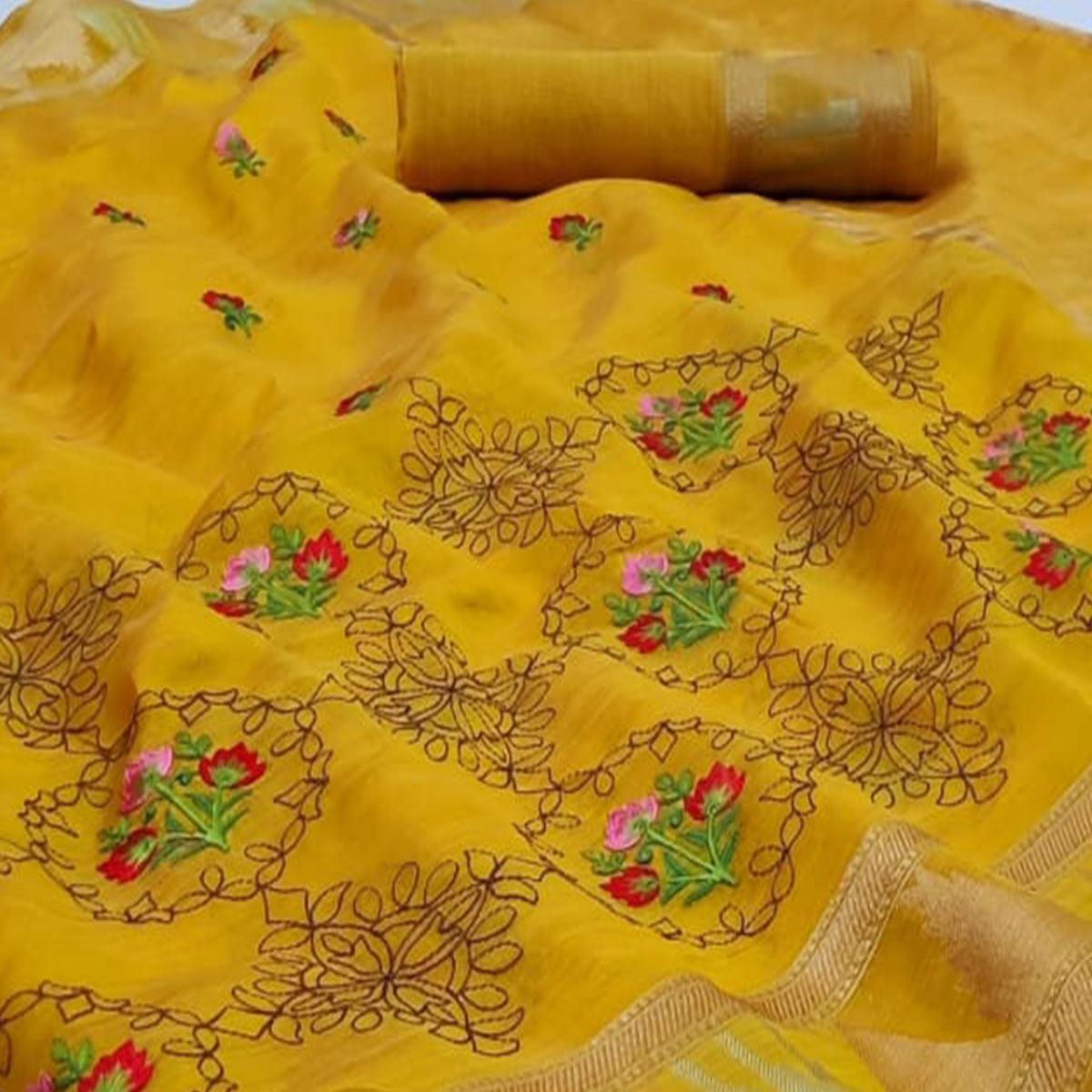 Yellow Festive Wear Floral Embroidery With Woven Organza Saree - Peachmode