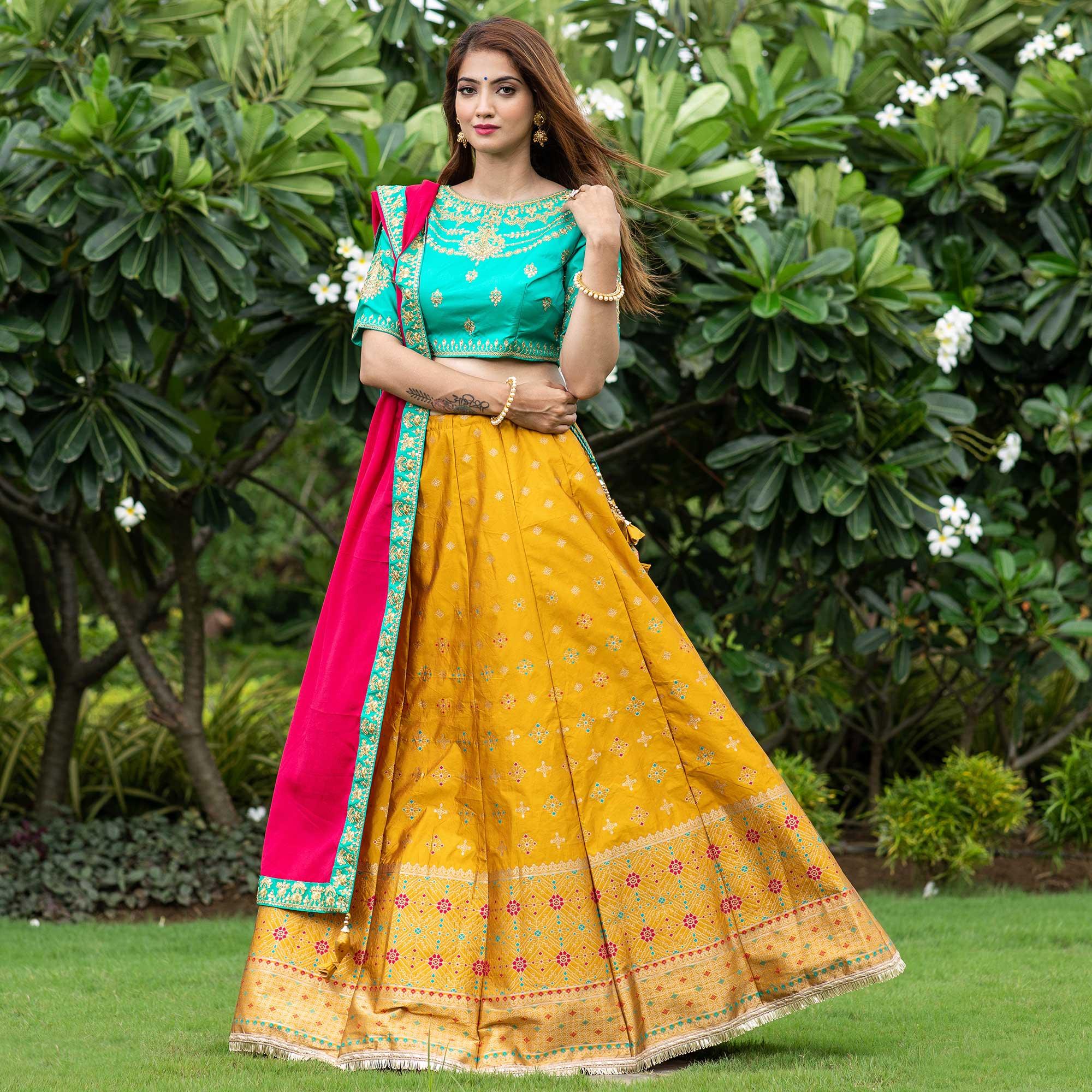 Yellow Festive Wear Floral Embroidery With Woven Silk Lehenga Choli - Peachmode
