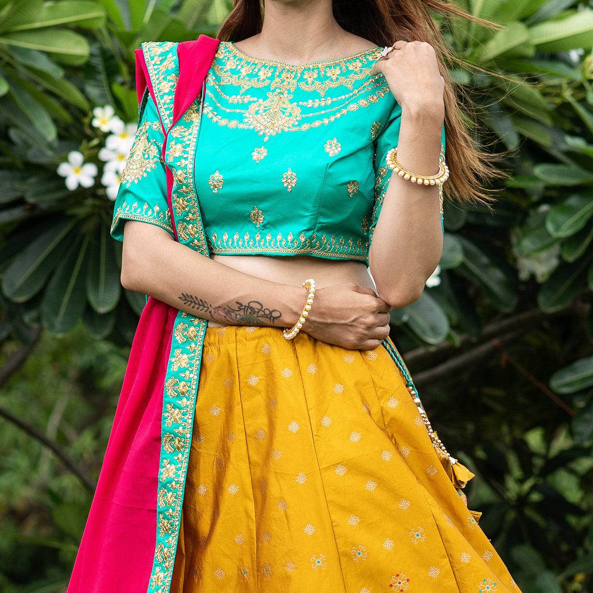 Yellow Festive Wear Floral Embroidery With Woven Silk Lehenga Choli - Peachmode