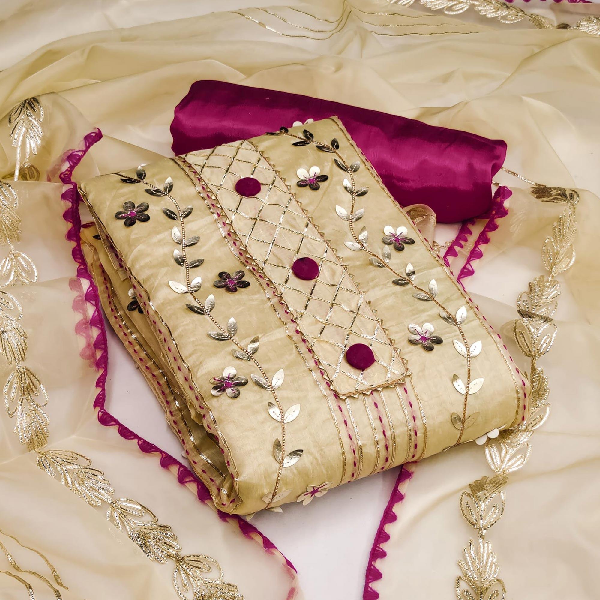 Yellow Festive Wear Floral Hand Work Pure Modal Dress Material - Peachmode