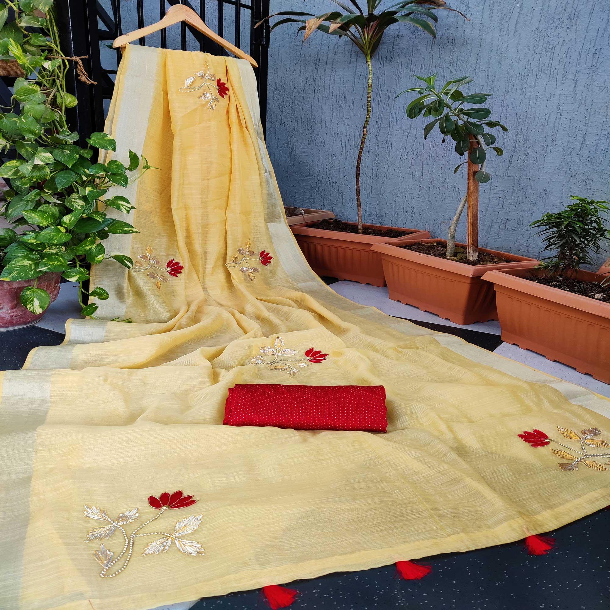 Yellow Festive Wear Floral Patch Work With Silver Zari Border Cotton Saree - Peachmode