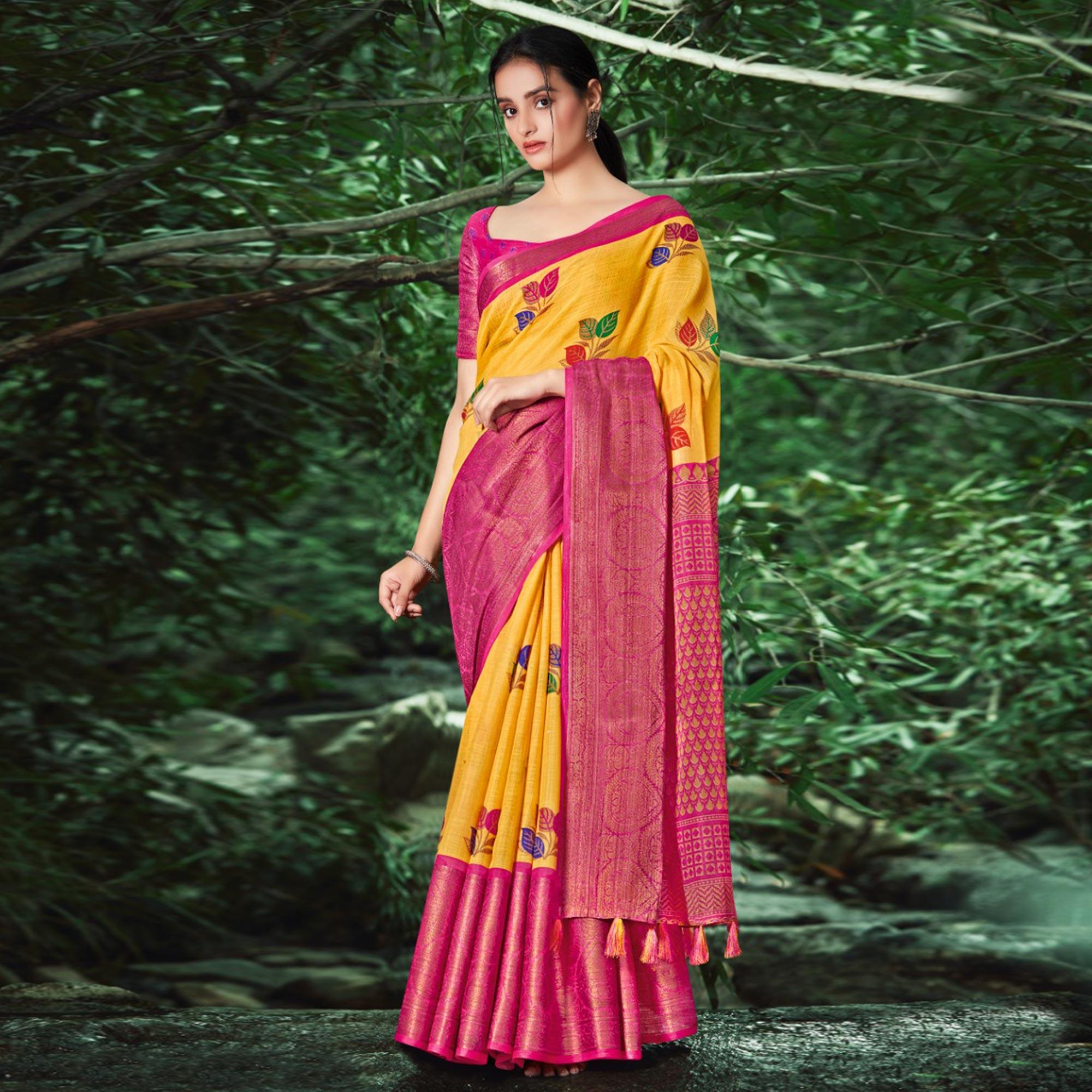 Yellow Festive Wear Floral Printed Linen Saree With Jacquard Border - Peachmode
