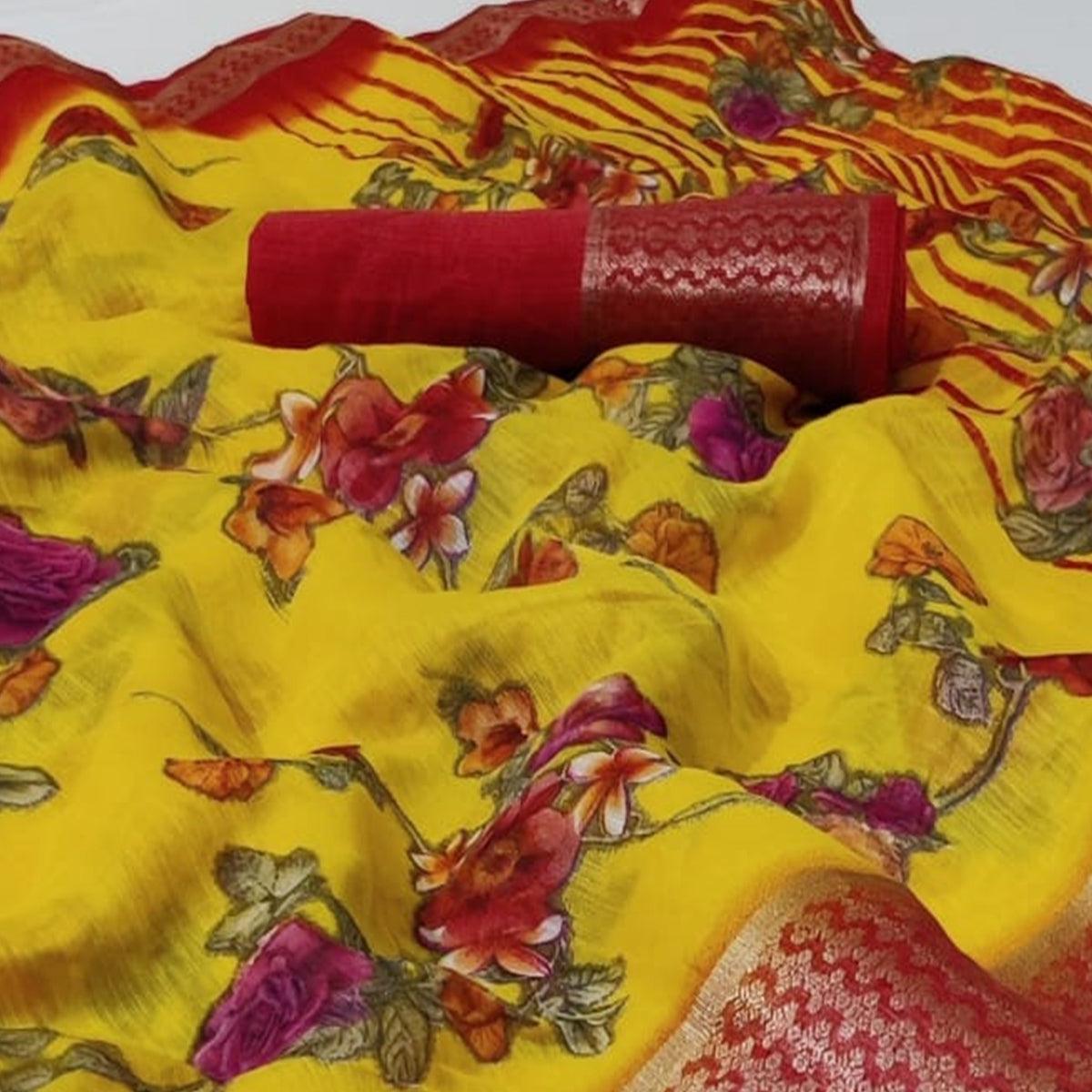 Yellow Festive Wear Floral Printed Woven Border Cotton Saree - Peachmode