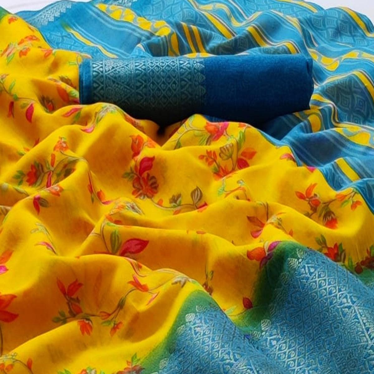 Yellow Festive Wear Floral Printed Woven Border Linen Cotton Saree - Peachmode
