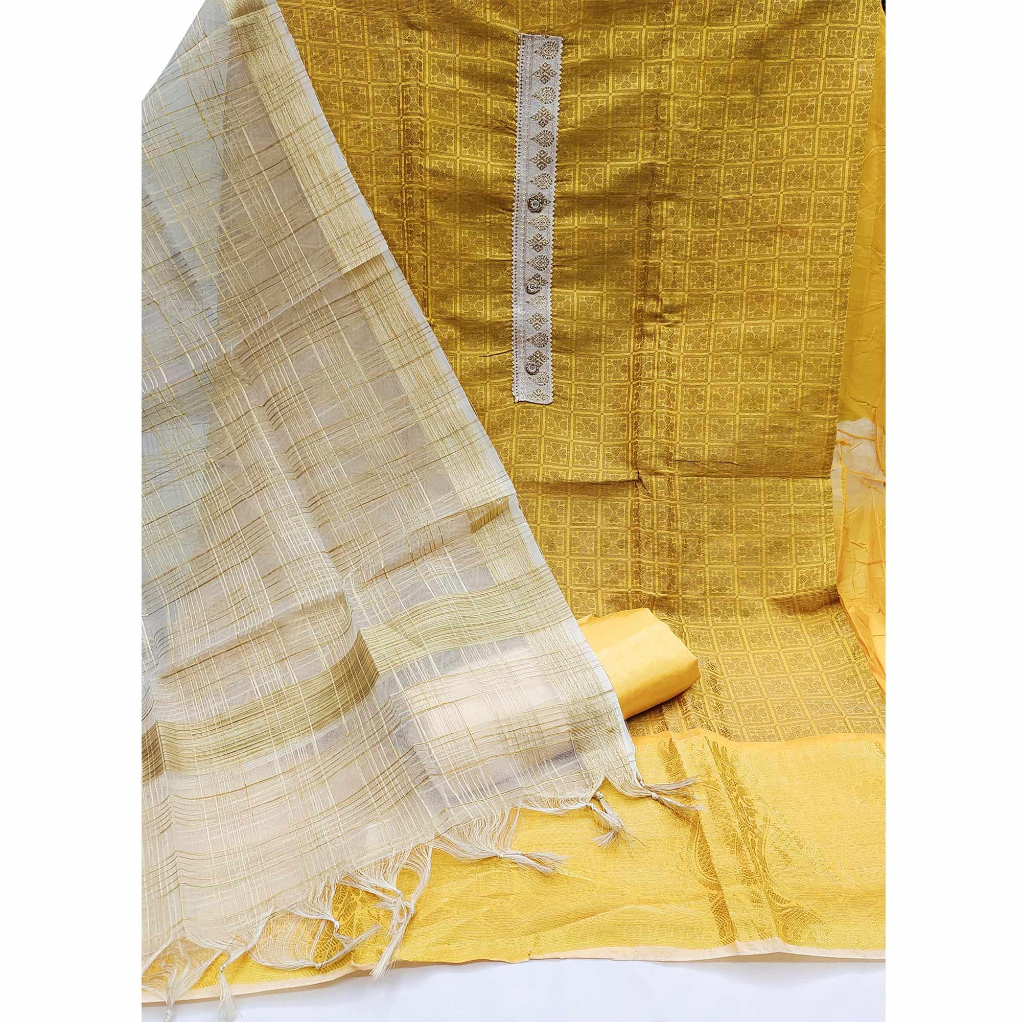 Yellow Festive Wear Floral Woven Banarasi Silk Jacquard Dress Material - Peachmode