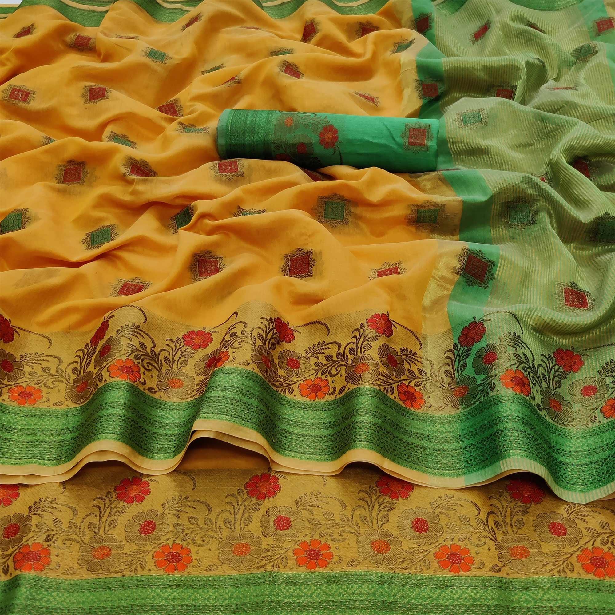 Yellow Festive Wear Floral Woven Border With Butta Work Cotton Saree - Peachmode