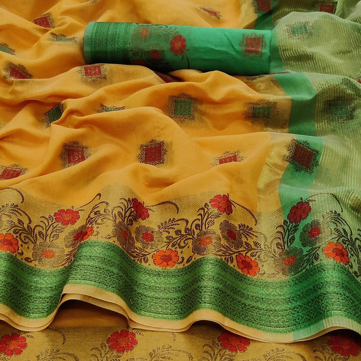 Yellow Festive Wear Floral Woven Border With Butta Work Cotton Saree - Peachmode