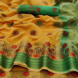 Yellow Festive Wear Floral Woven Border With Butta Work Cotton Saree - Peachmode