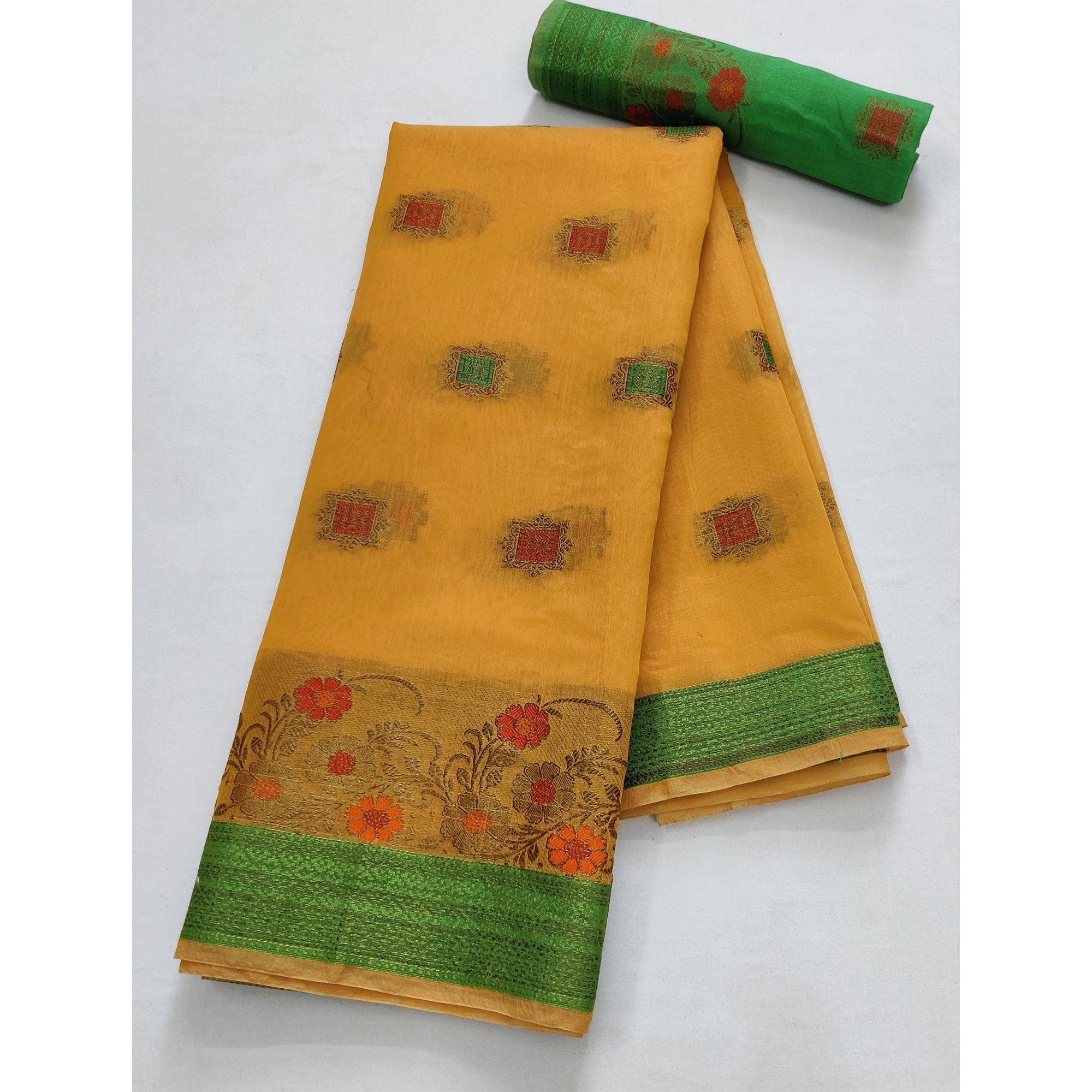 Yellow Festive Wear Floral Woven Border With Butta Work Cotton Saree - Peachmode