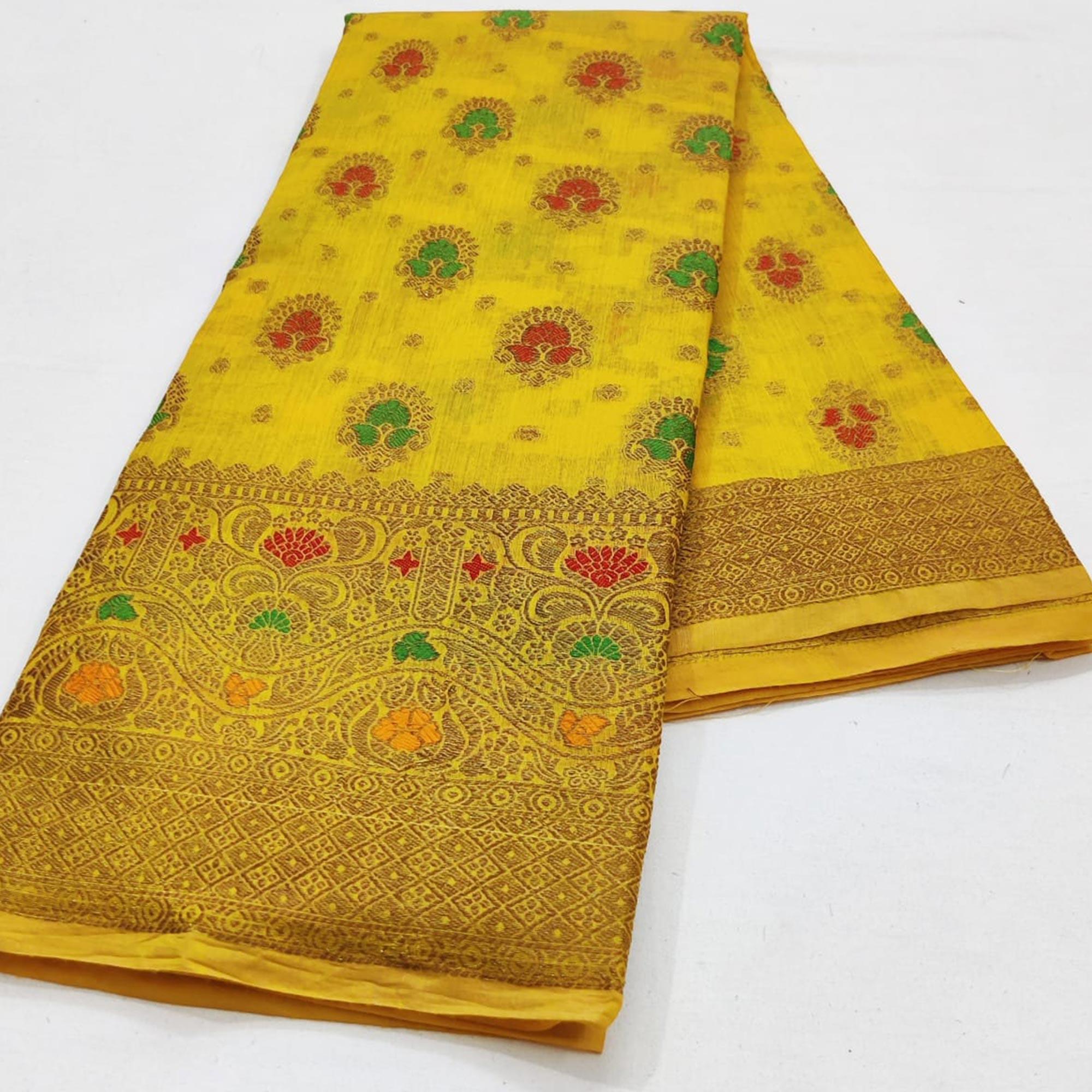 Yellow Festive Wear Floral Woven Cotton Saree With Meena Butta Pallu - Peachmode