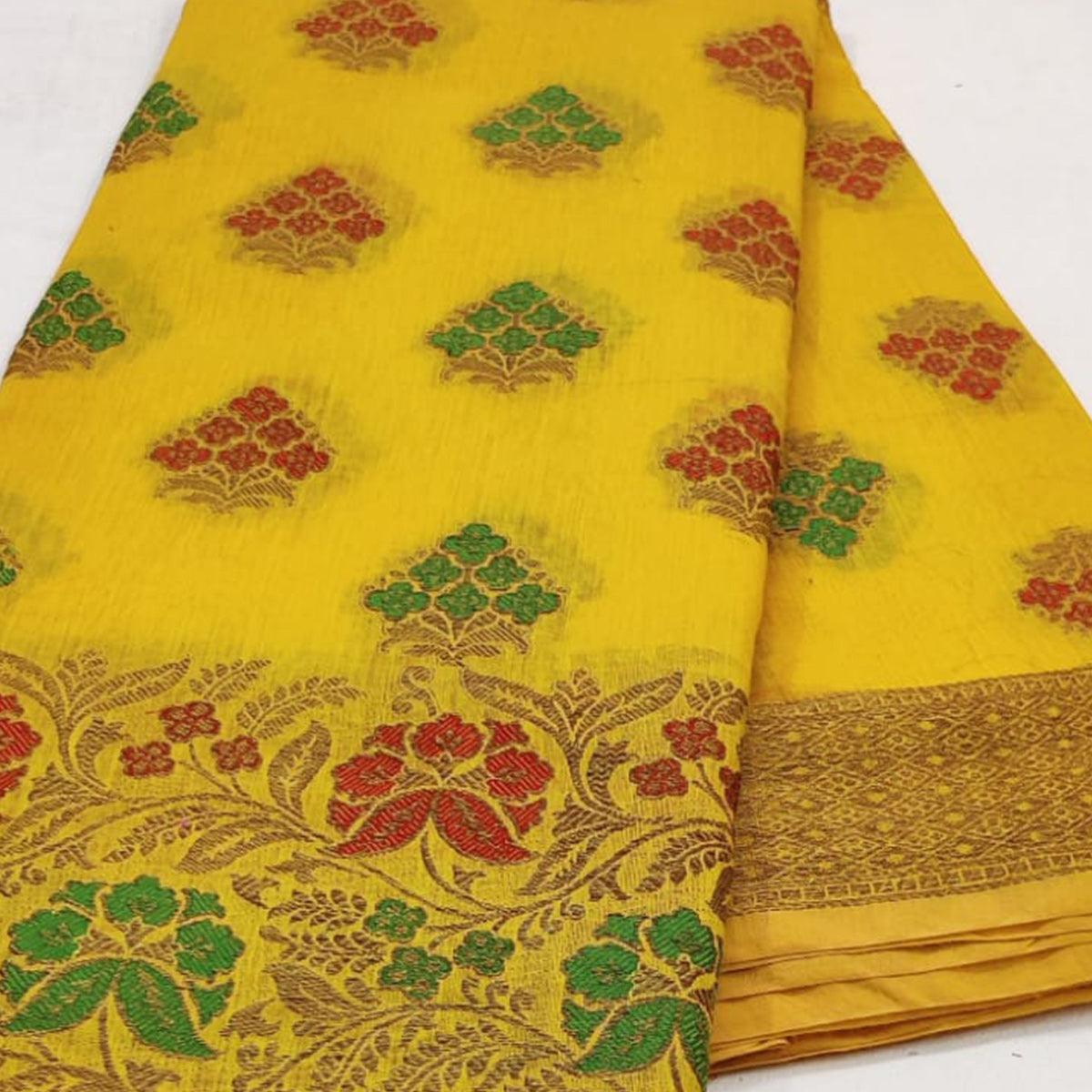 Yellow Festive Wear Floral Woven Cotton Saree With Meena Butta Pallu - Peachmode