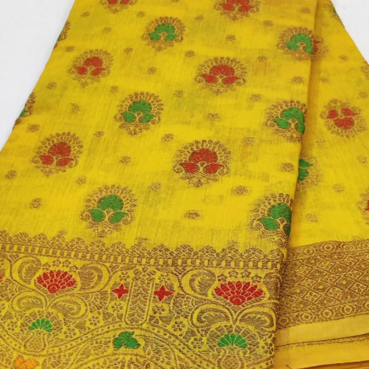 Yellow Festive Wear Floral Woven Cotton Saree With Meena Butta Pallu - Peachmode