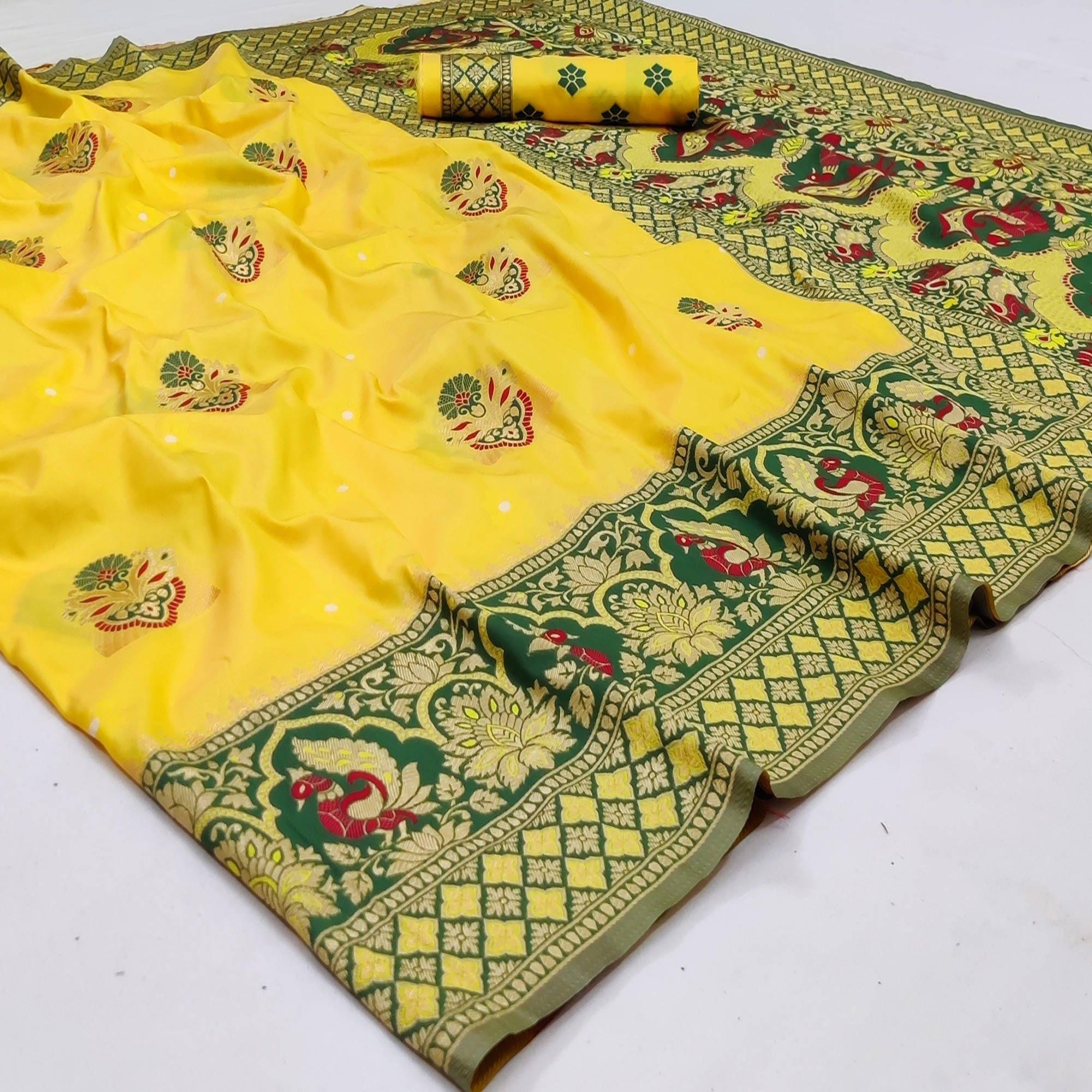 Yellow Festive Wear Floral Woven Designer Soft Silk Banarasi Saree - Peachmode