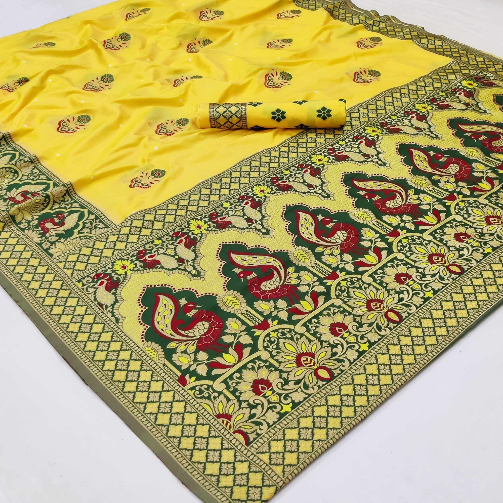 Yellow Festive Wear Floral Woven Designer Soft Silk Banarasi Saree - Peachmode