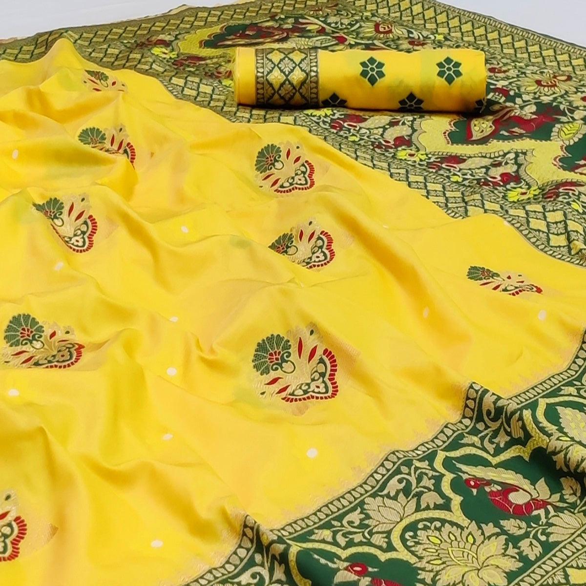 Yellow Festive Wear Floral Woven Designer Soft Silk Banarasi Saree - Peachmode