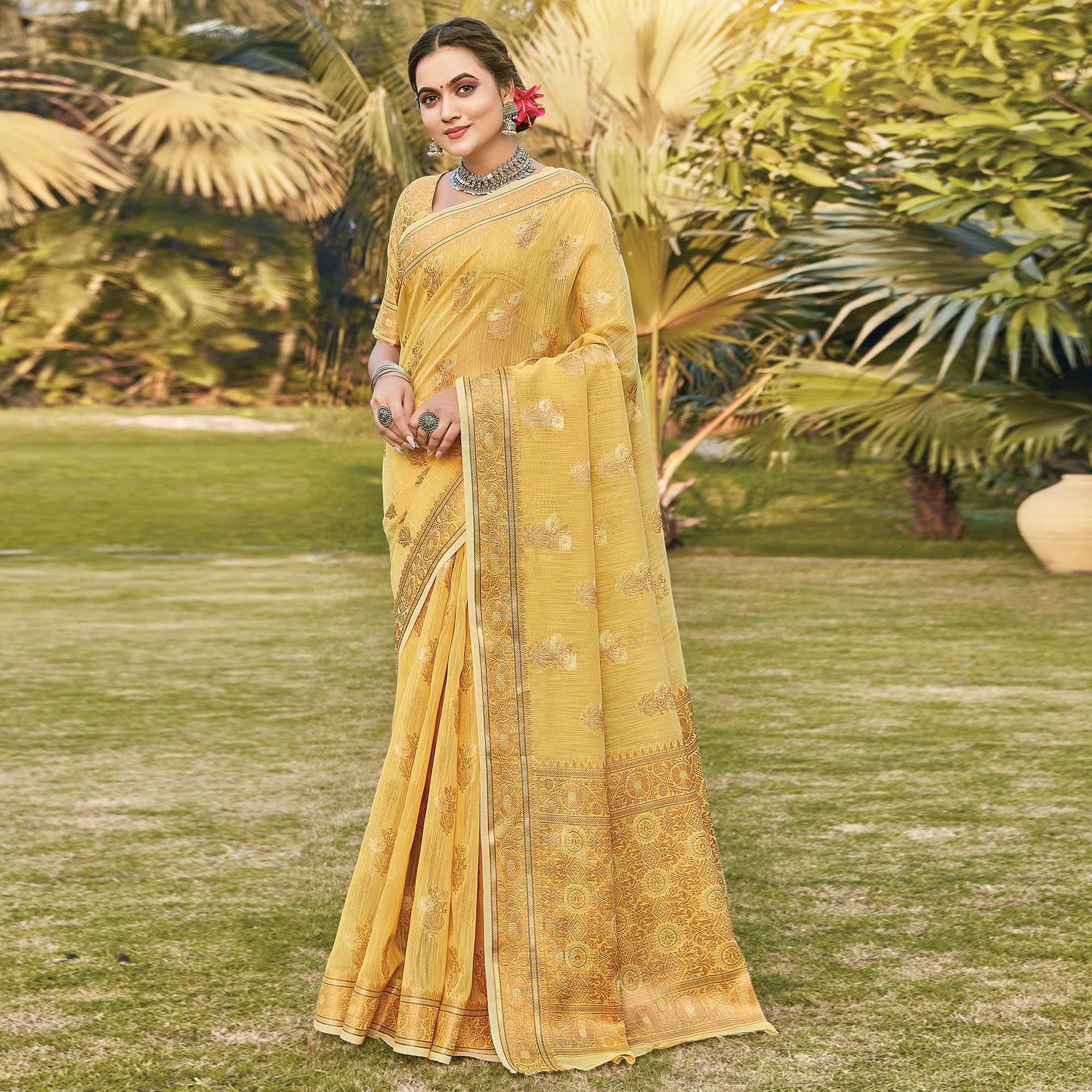 Yellow Festive Wear Floral Woven Linen Saree - Peachmode