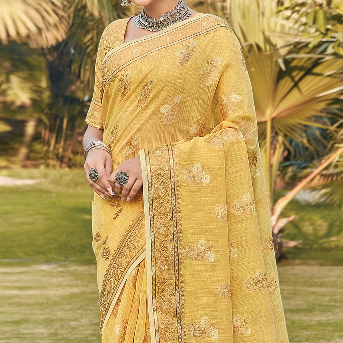 Yellow Festive Wear Floral Woven Linen Saree - Peachmode