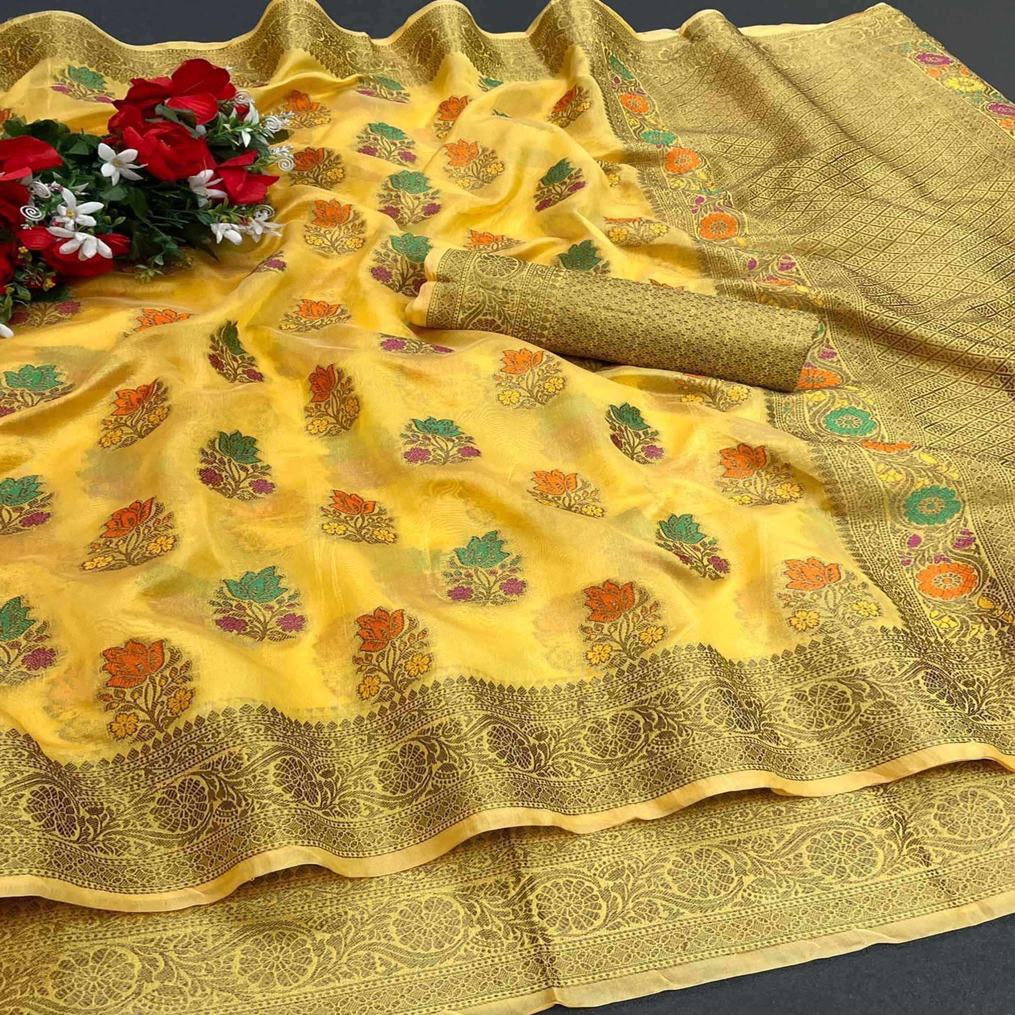 Yellow Festive Wear Floral Woven Pure Soft Organza Saree - Peachmode