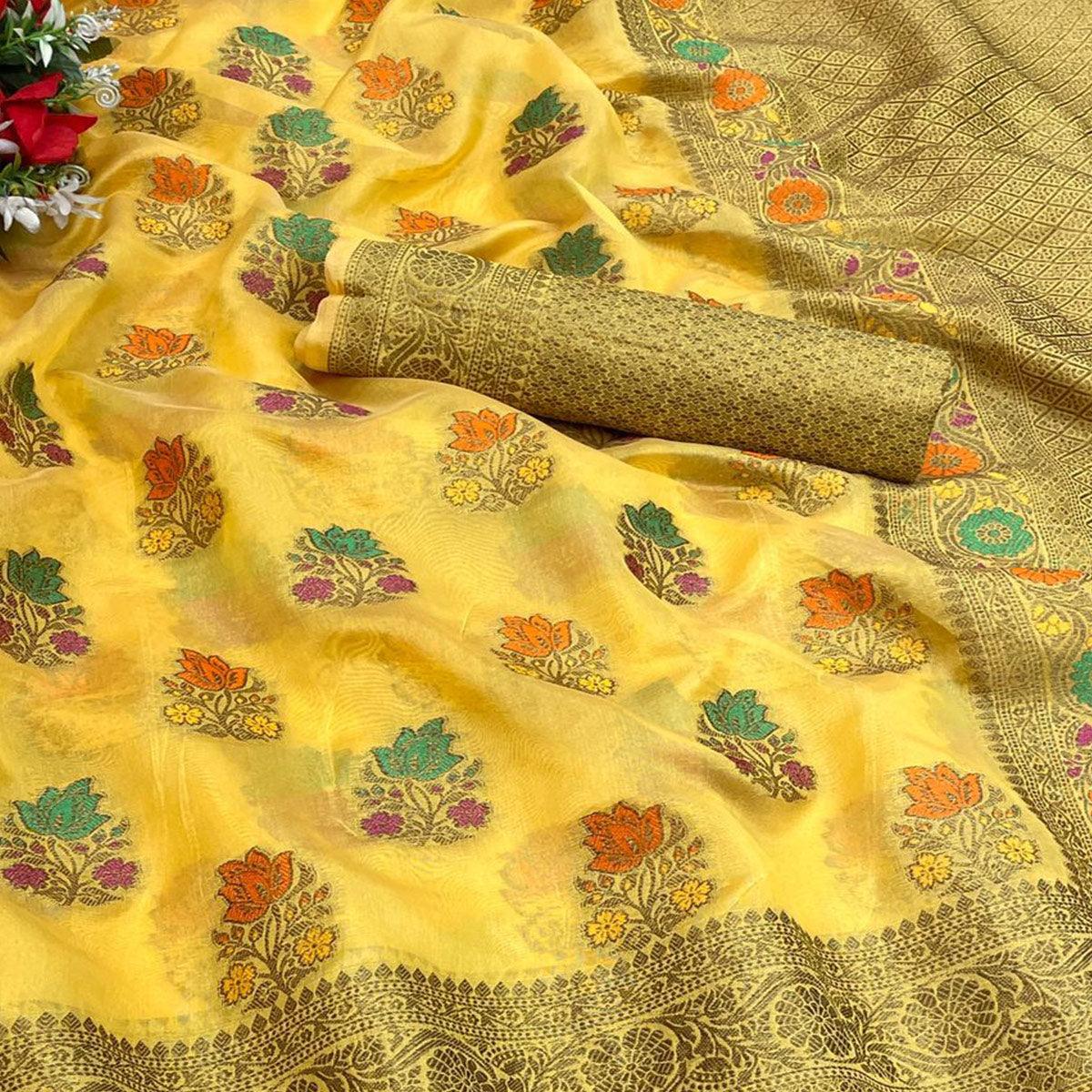 Yellow Festive Wear Floral Woven Pure Soft Organza Saree - Peachmode